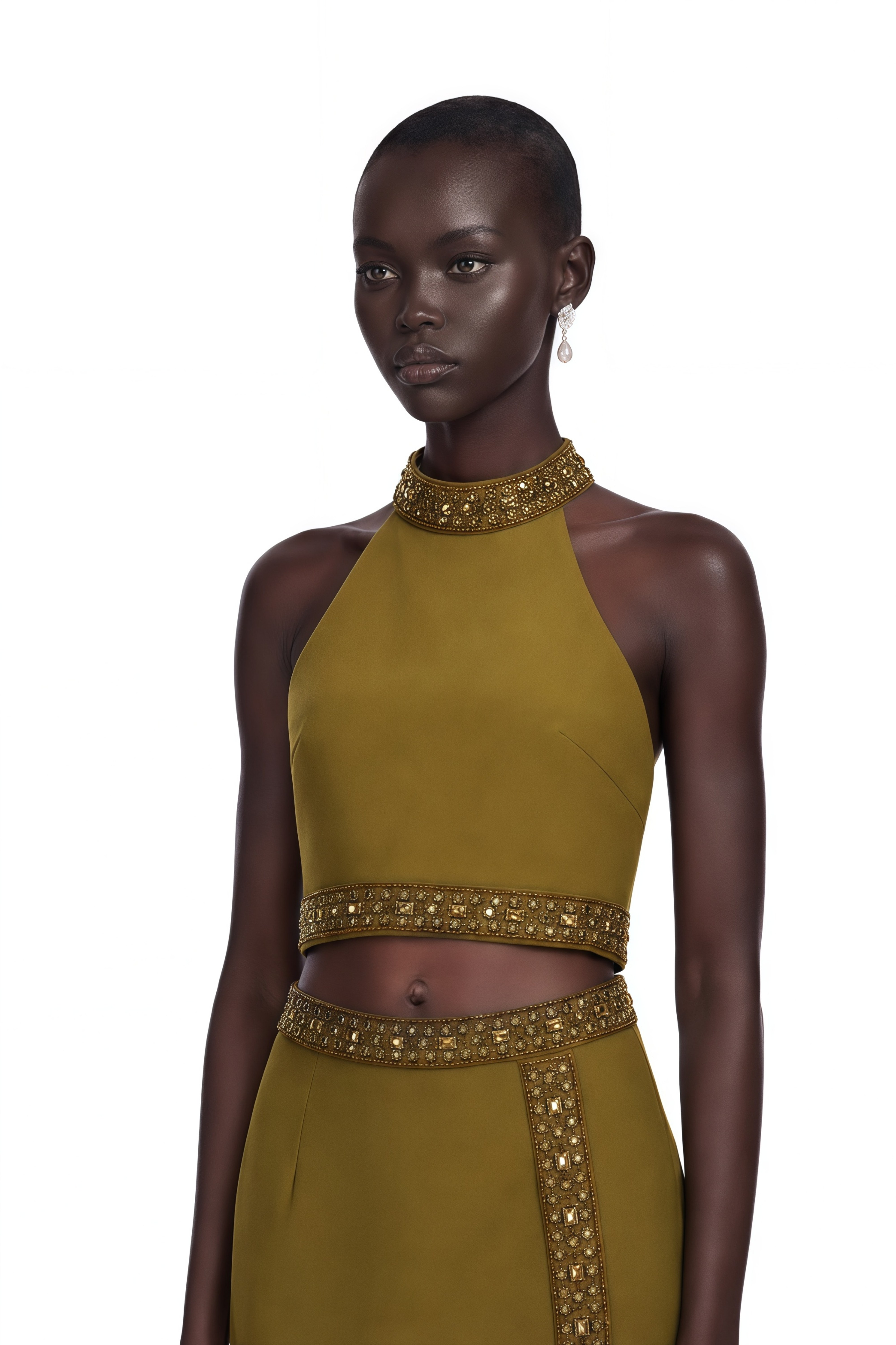 Daisy green beaded-trim top & skirt matching set