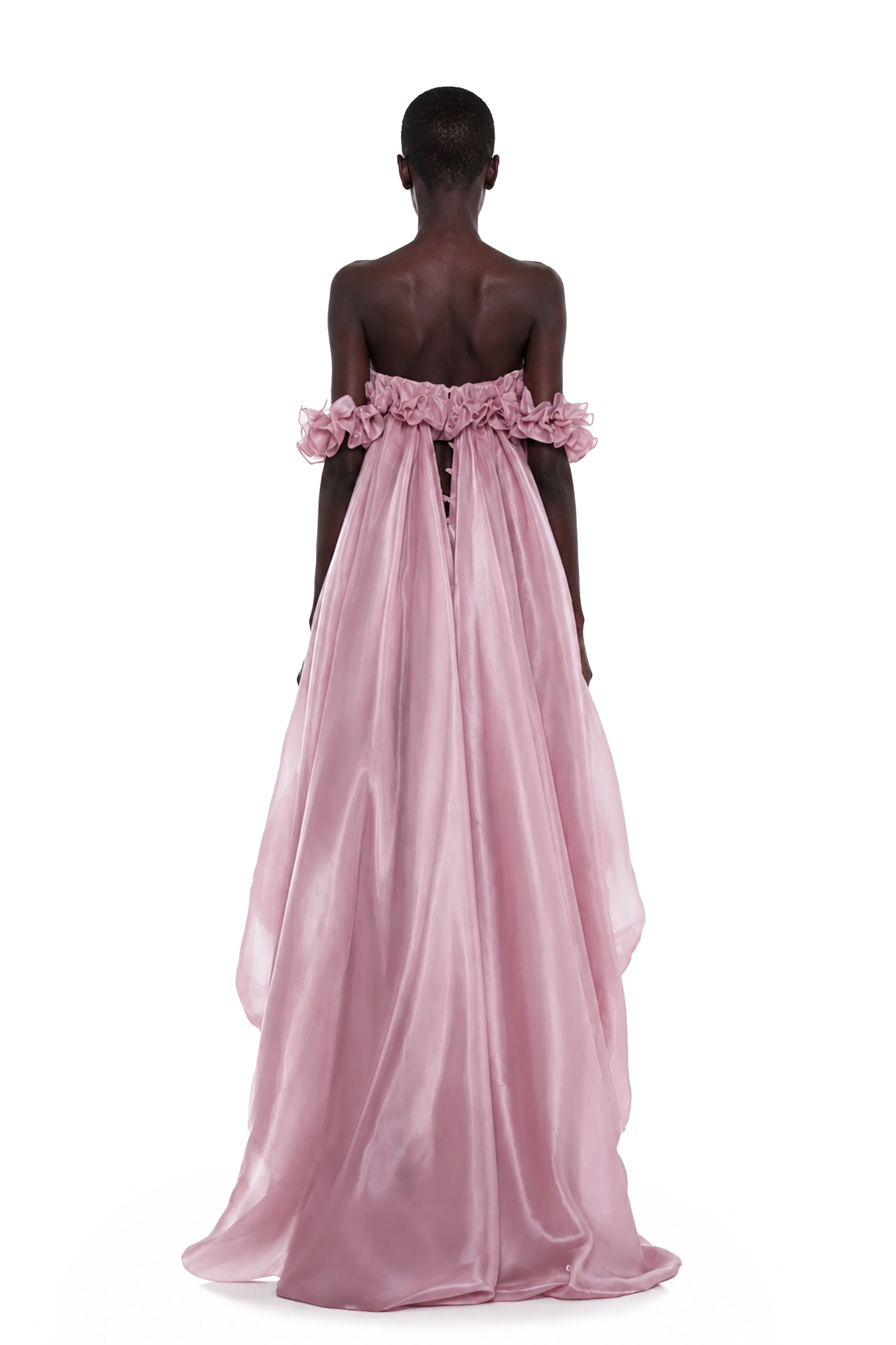 Pink off-the-shoulder high-low organza gown with ruffles