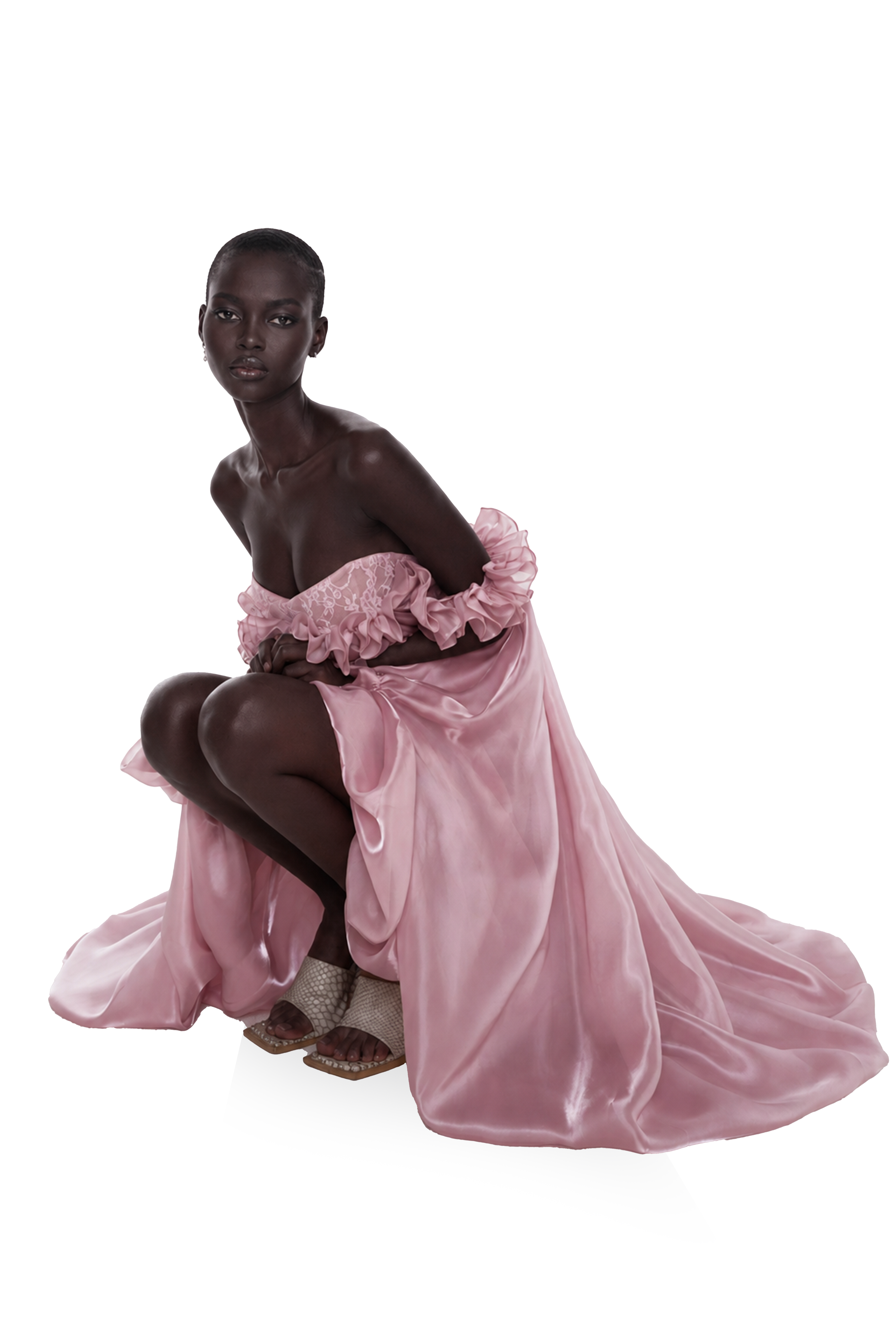 Pink off-the-shoulder high-low organza gown with ruffles