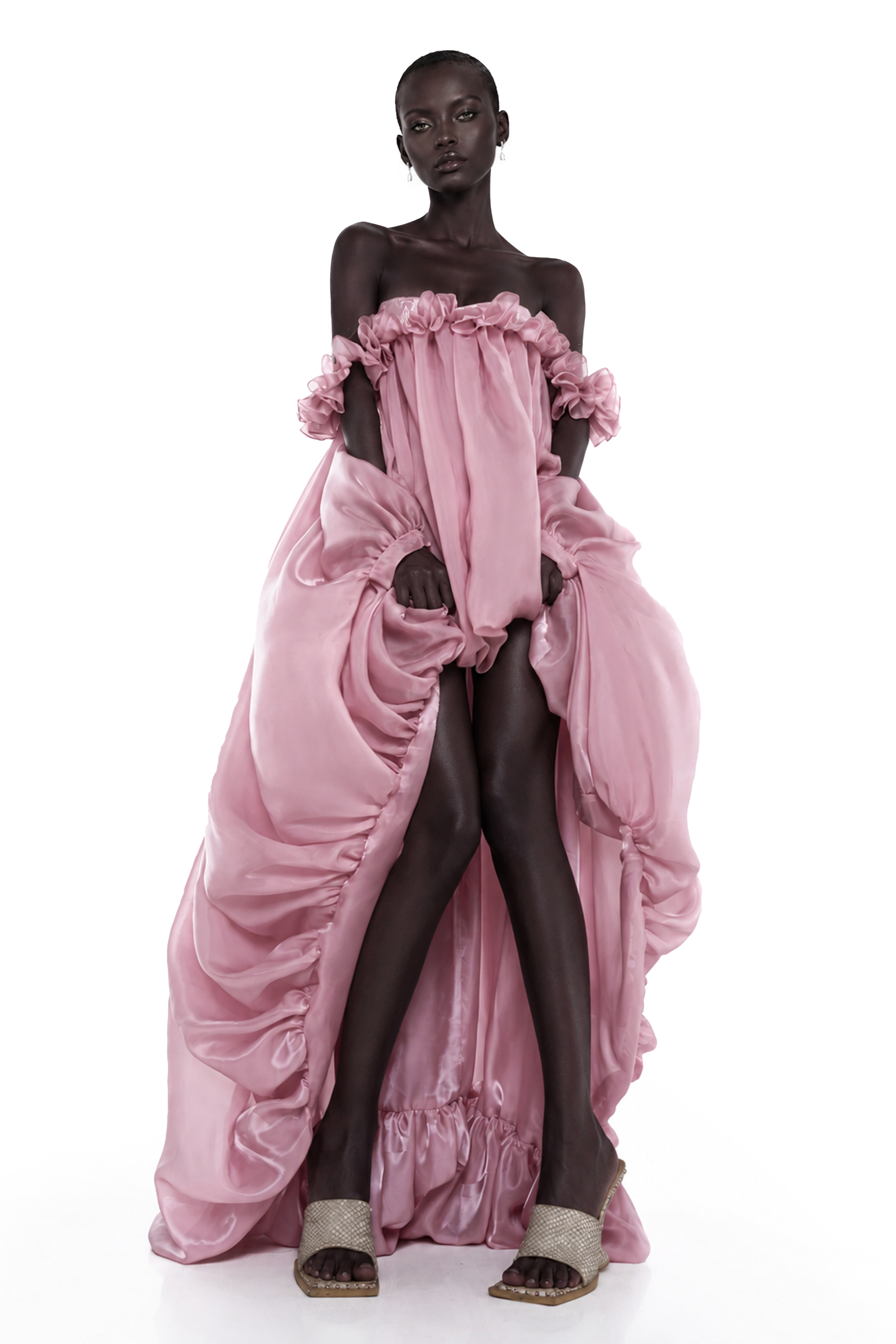 Pink off-the-shoulder high-low organza gown with ruffles