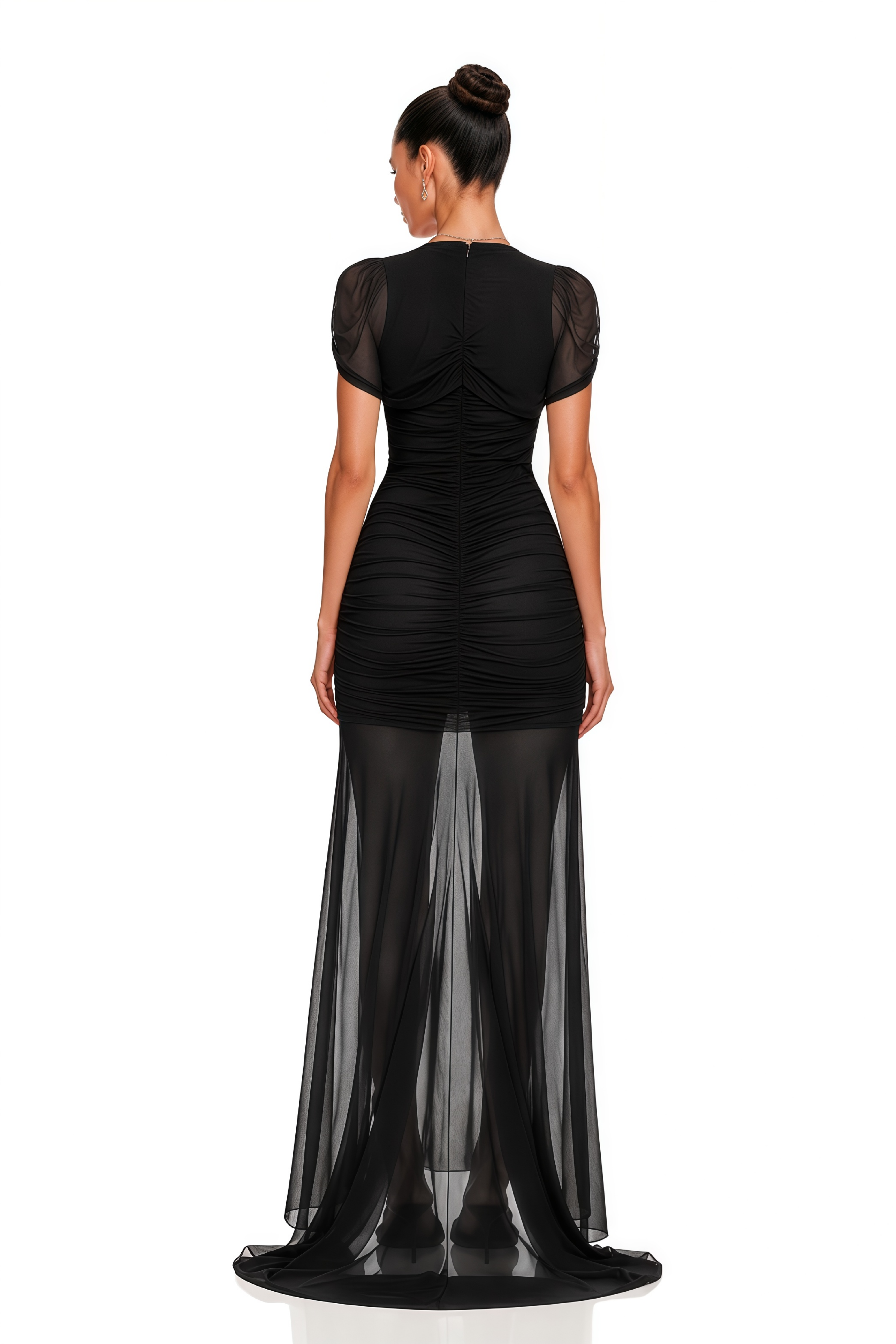 Sylphe Black Asymmetrical Ruched Mesh Maxi Dress