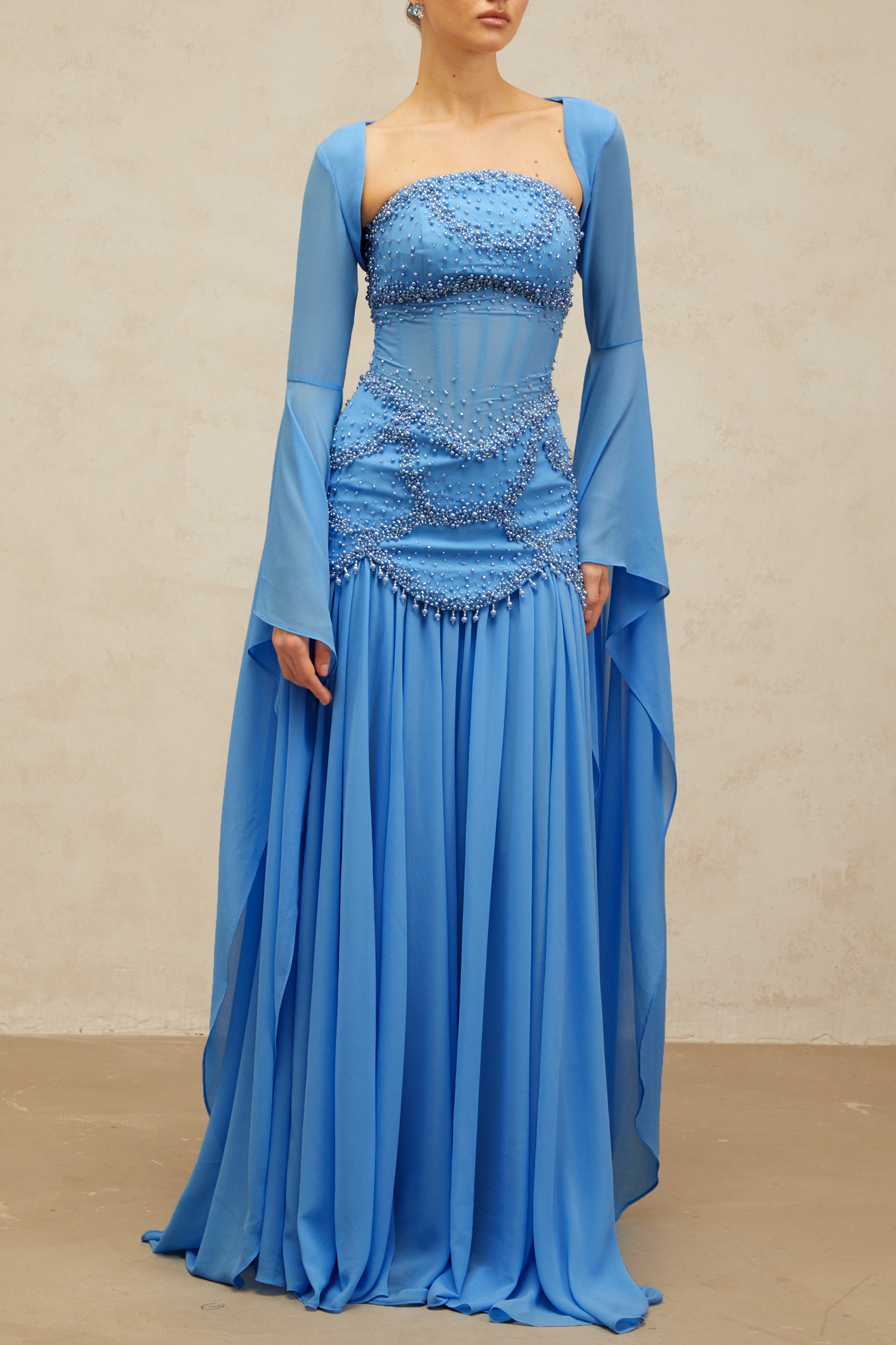 Gaëlle Blue Faux-pearl-embellished Pleated Maxi Dress – Miss