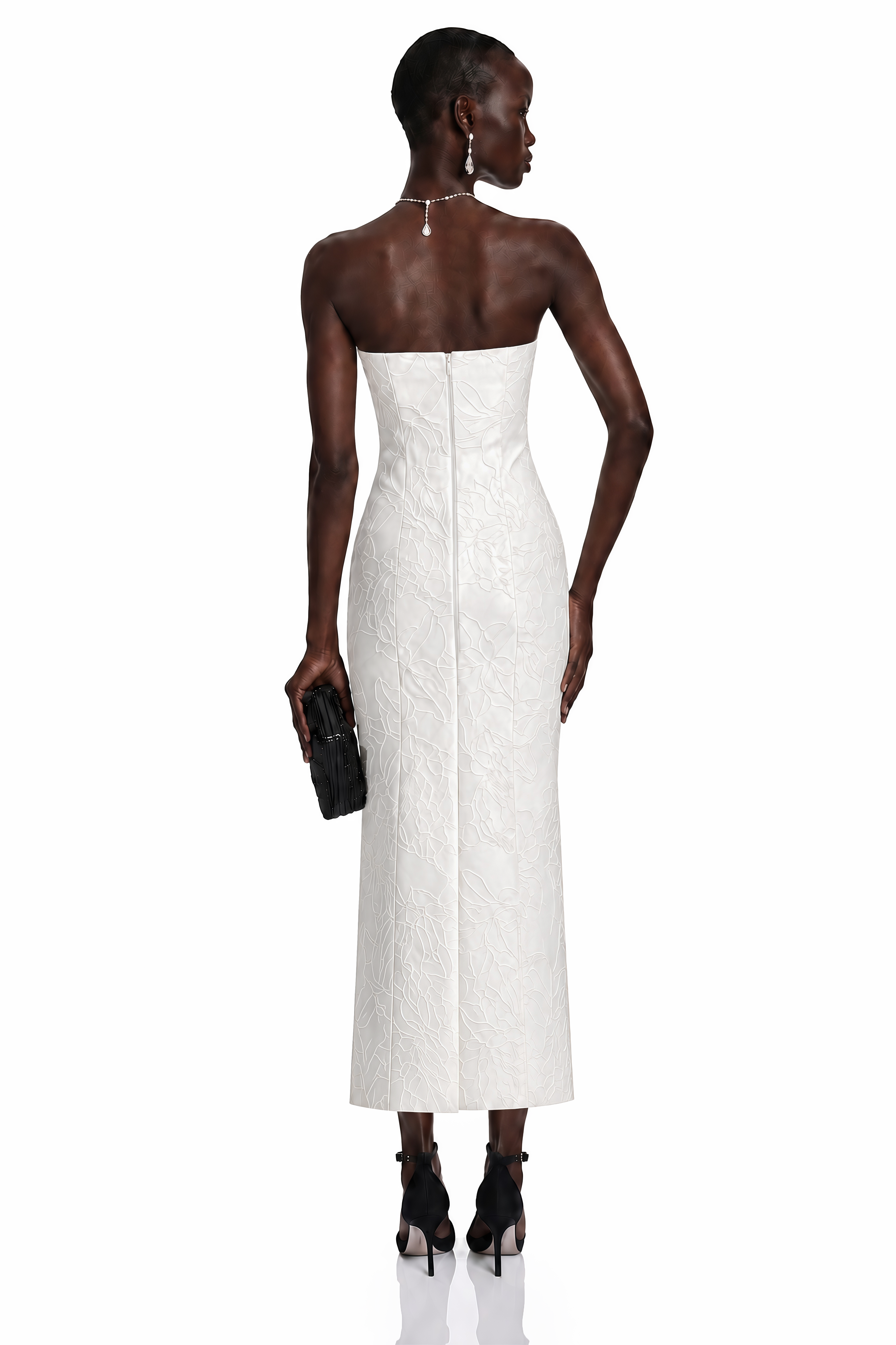 White column maxi dress in jacquard floral print with a matching open-front short cape overlay