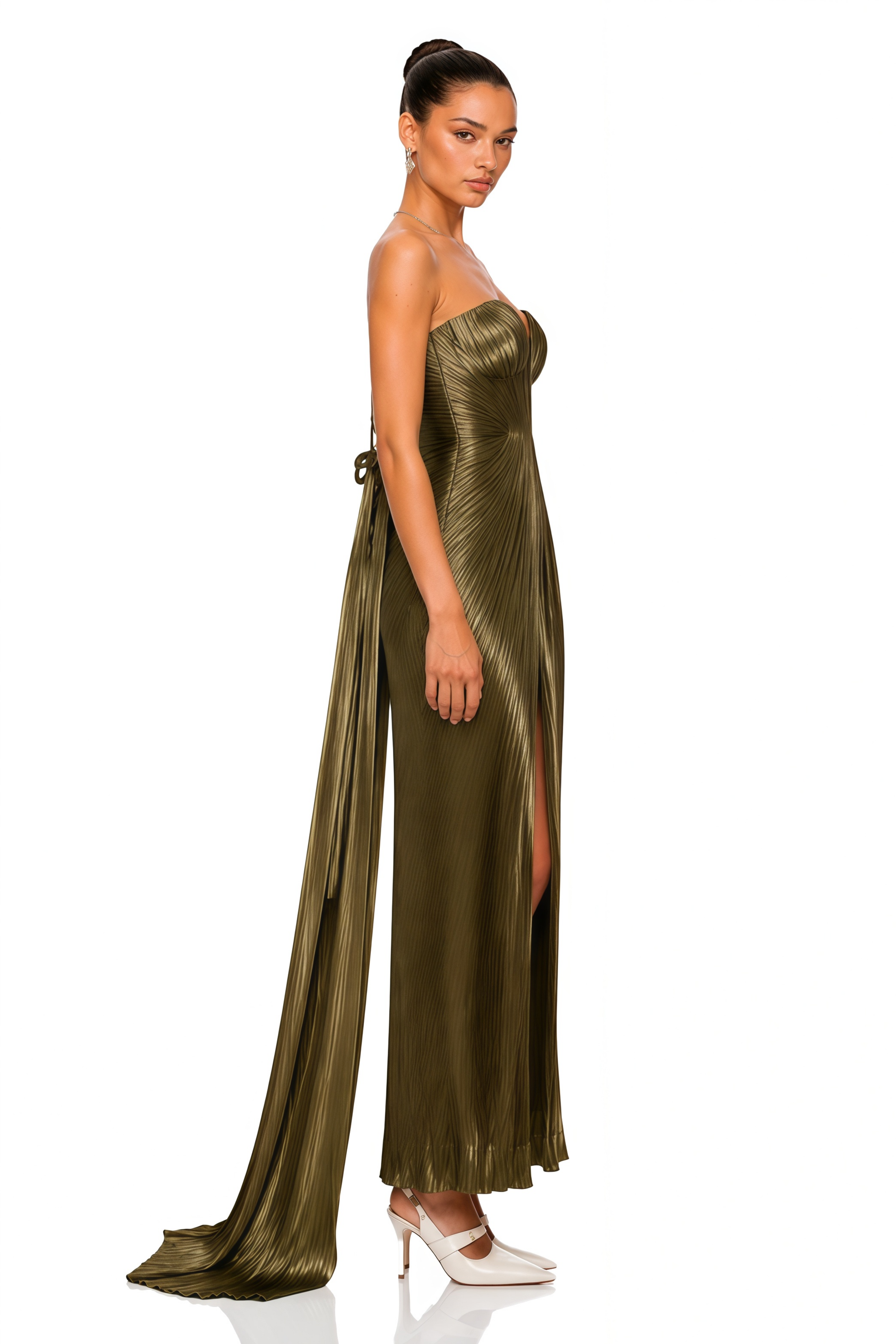 Xrystyna Gold Metallic Ruched Maxi Dress