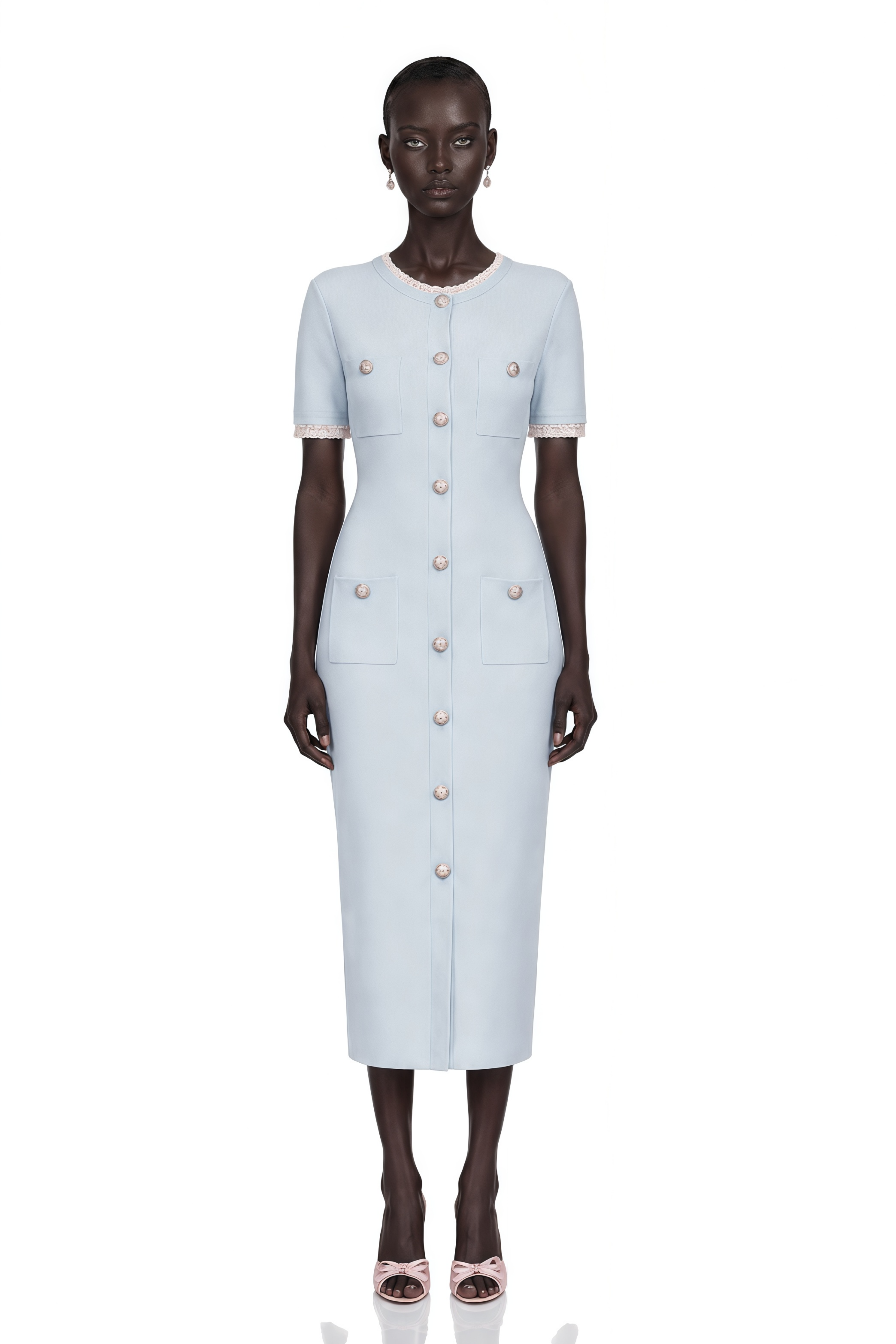 Mélisande Light-Blue Pencil-Silhouette Knit Midi Dress