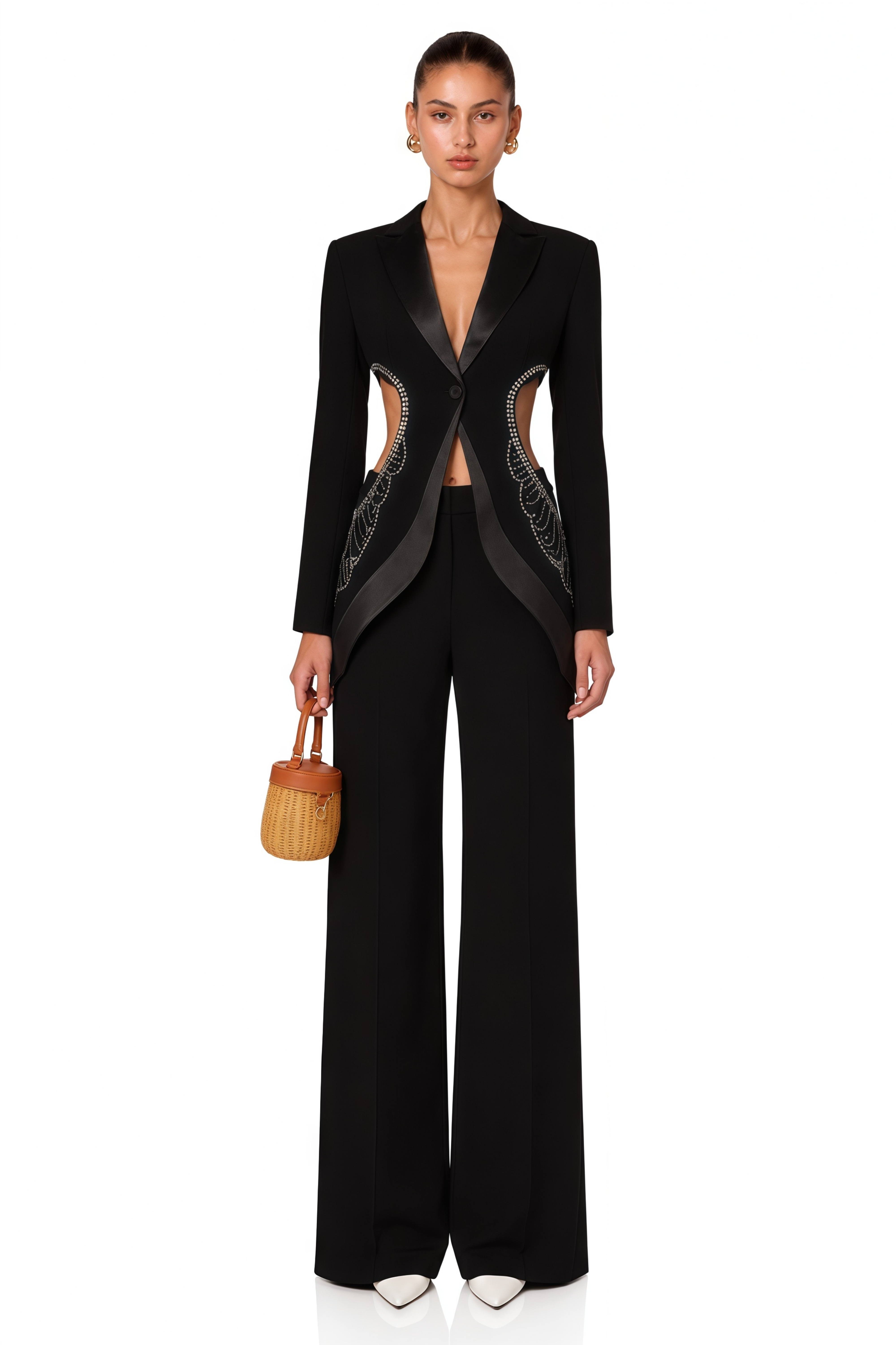 Annabelle Black Cut-Out Embellished Blazer & Trousers Set