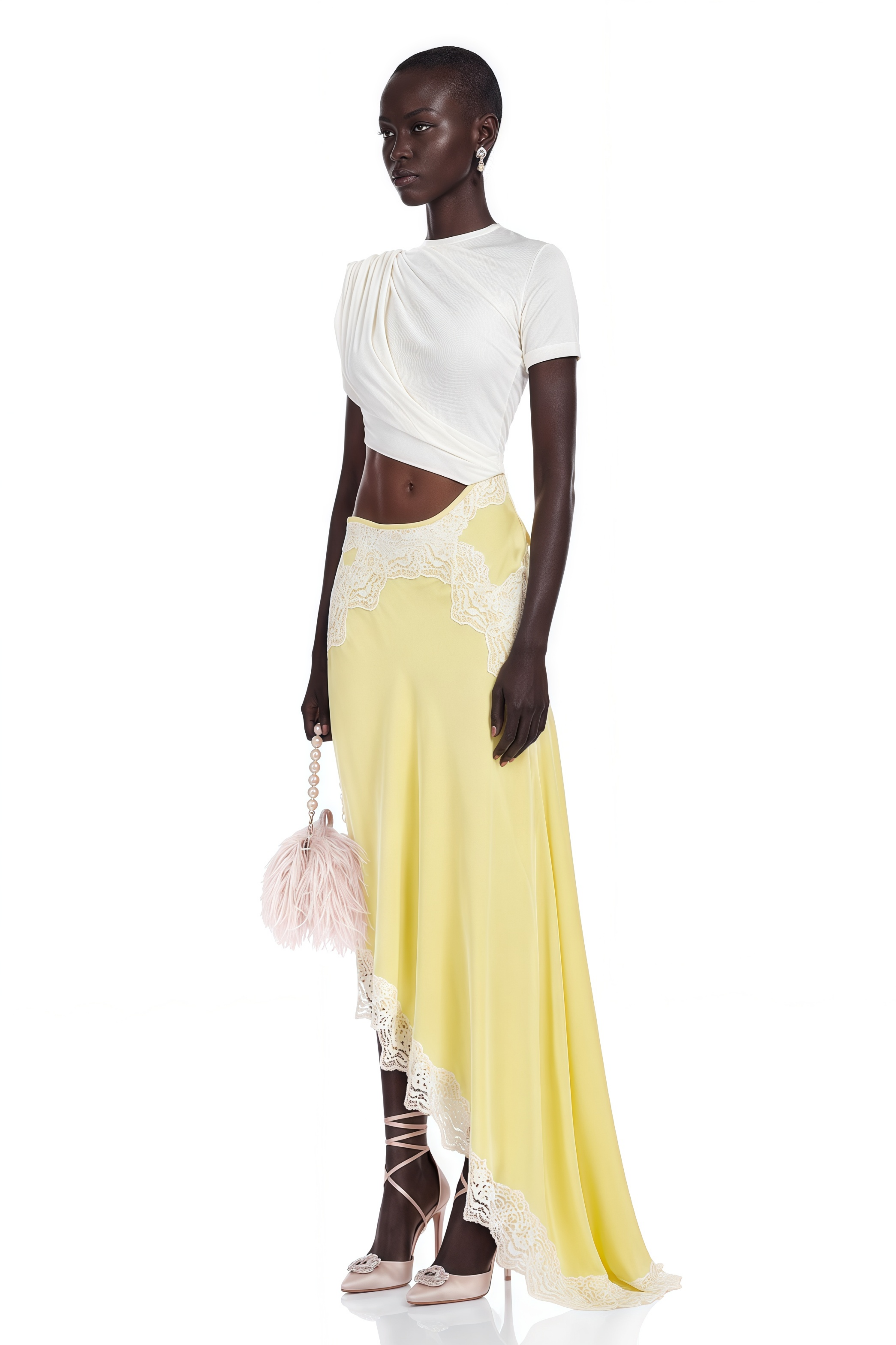 Fiamma Yellow Gathered Lace Panel Maxi Dress