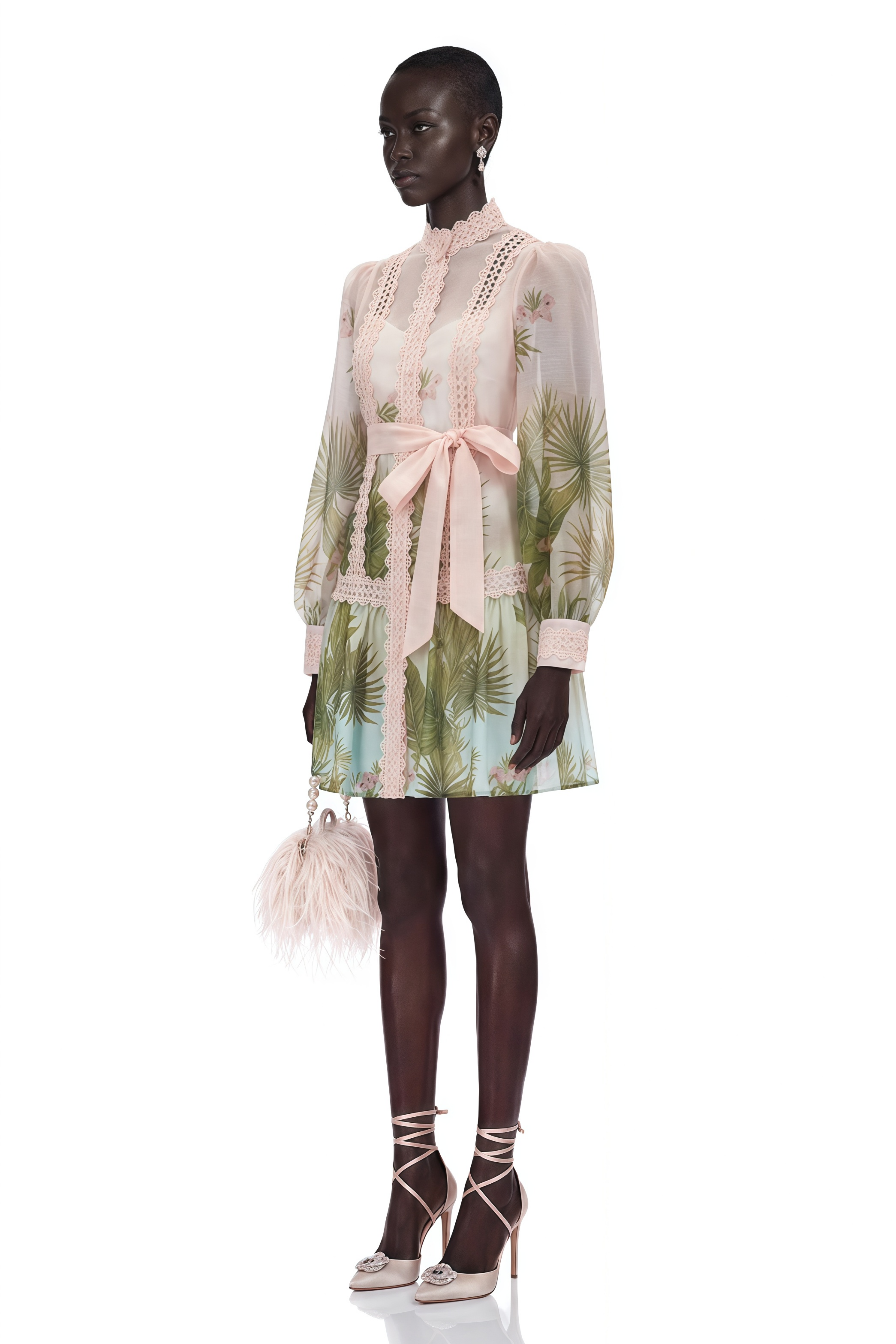 Antigone Pink Mini Dress with Lace Panels and Tie