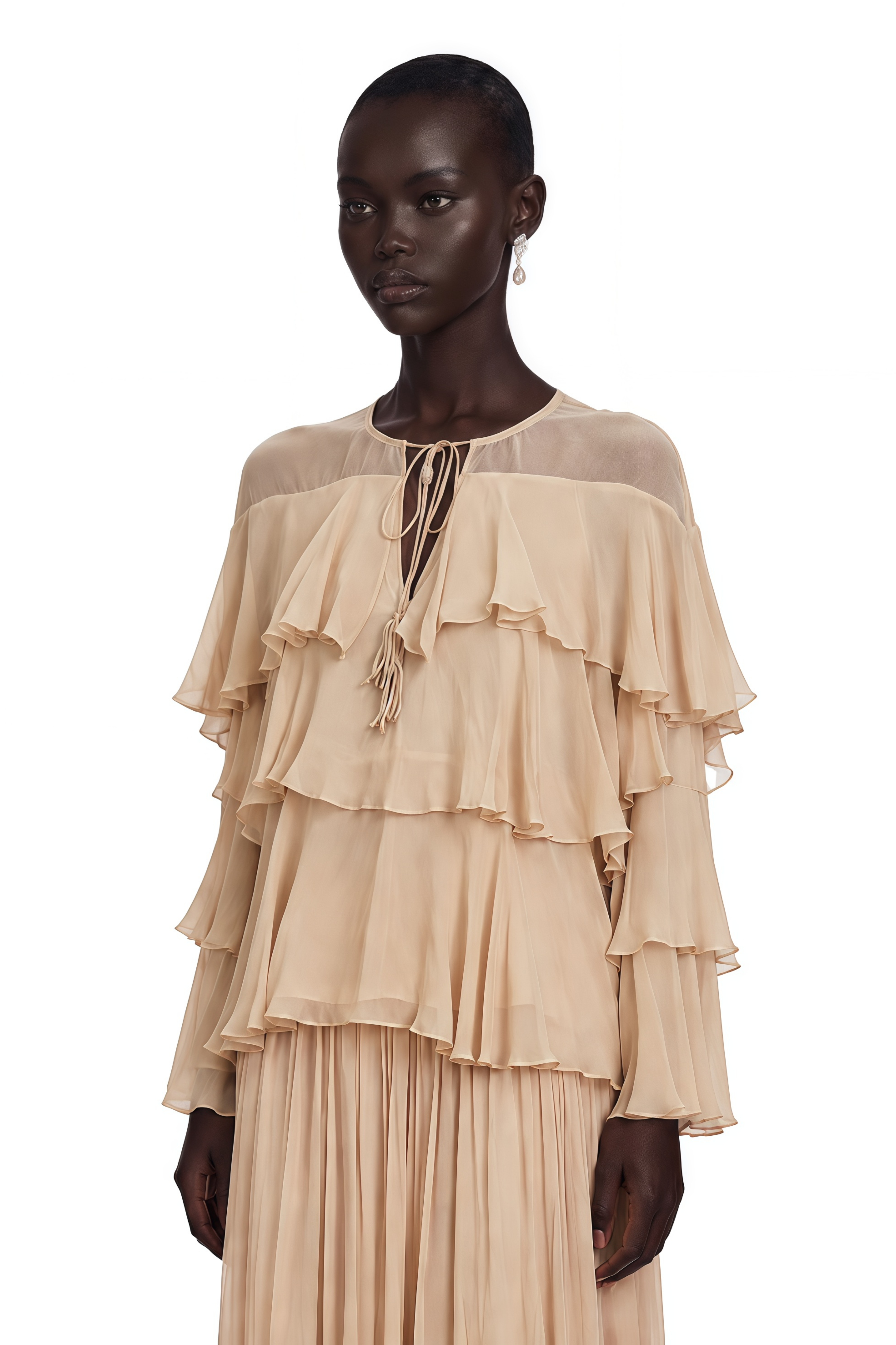 Brigitte Neutral Layered Chiffon Blouse & Skirt Set