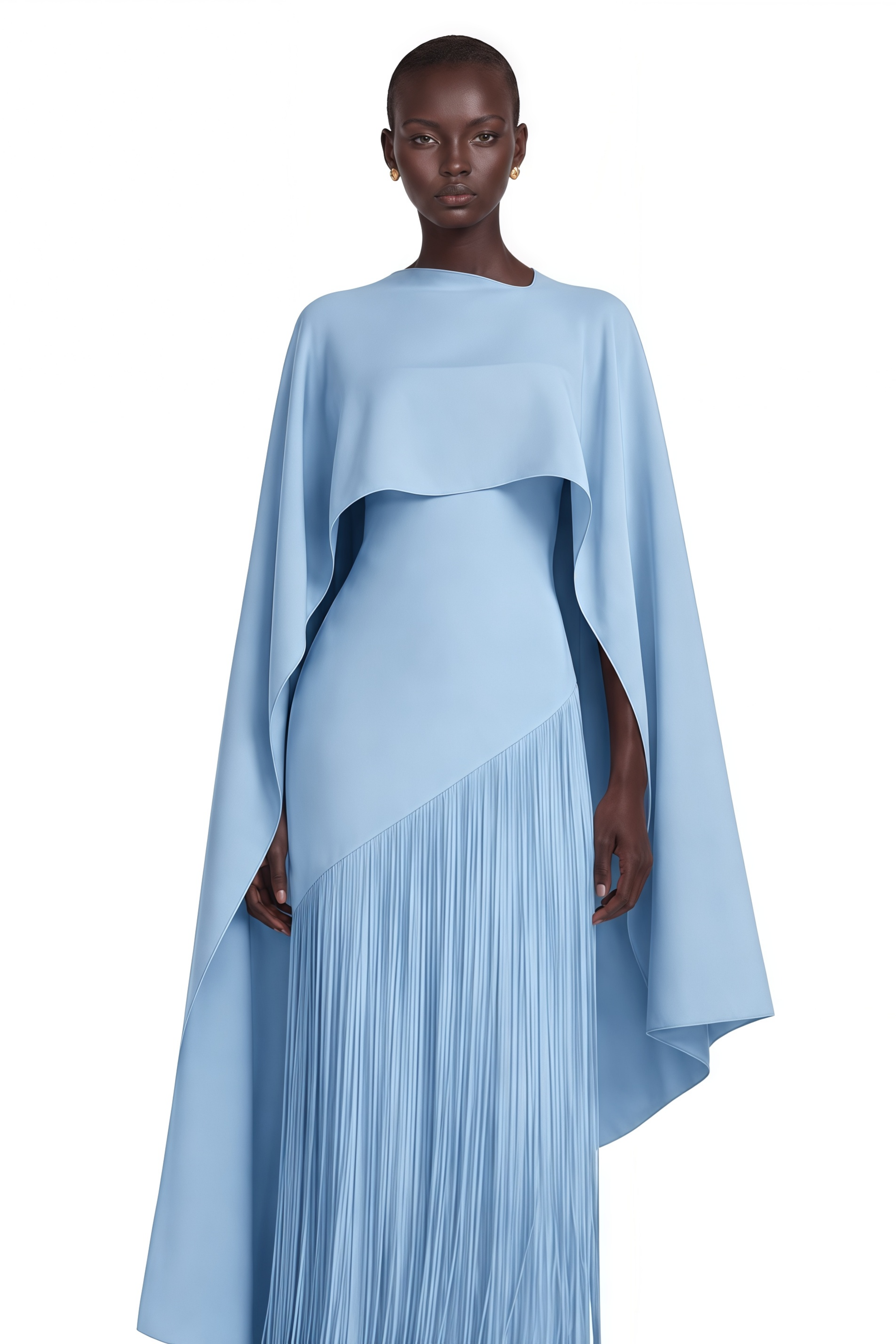 Cayetana Sapphire Blue Fringe Maxi Dress with Cape Effect