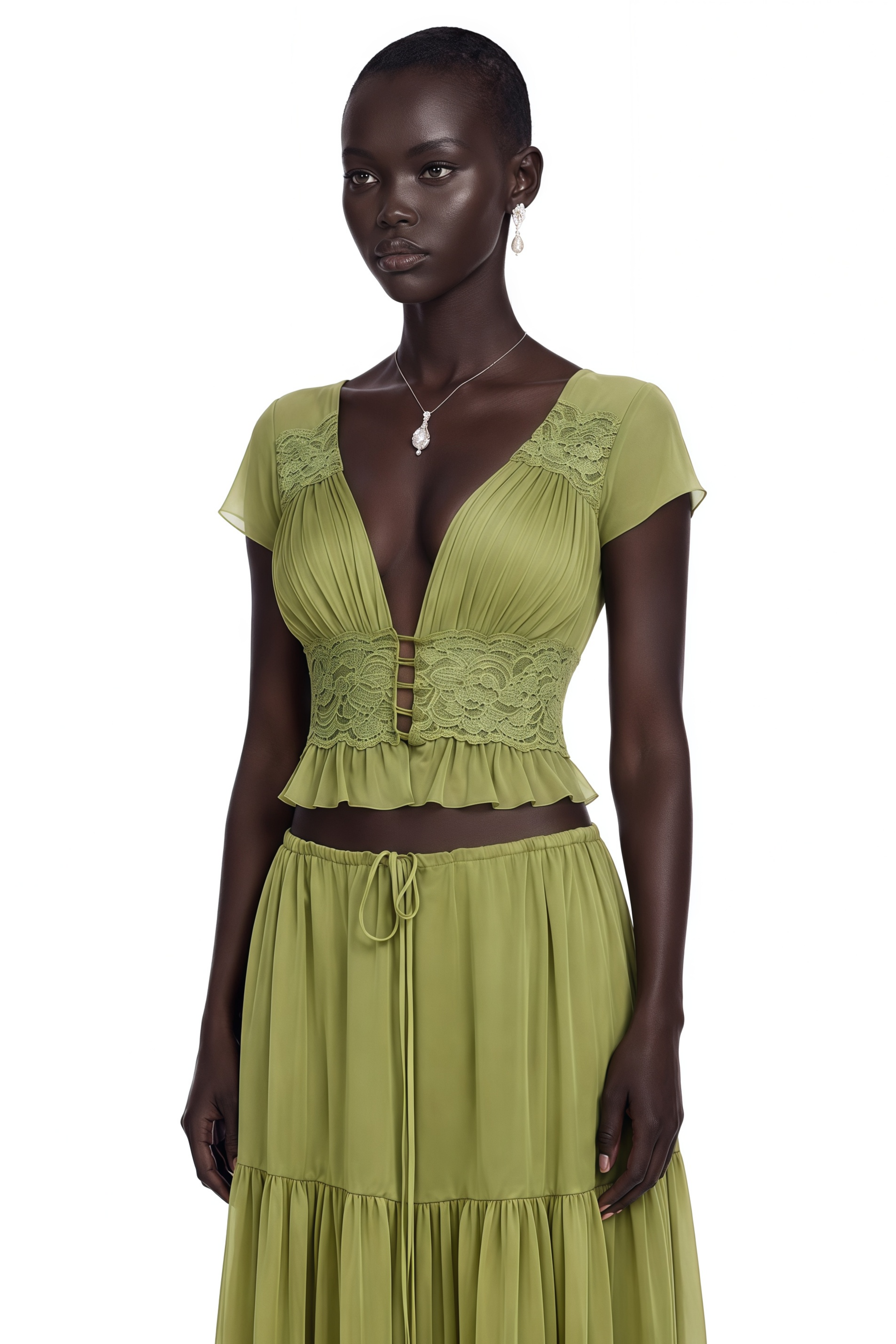 Pleiade Green Floral Lace Chiffon Top & Skirt Set