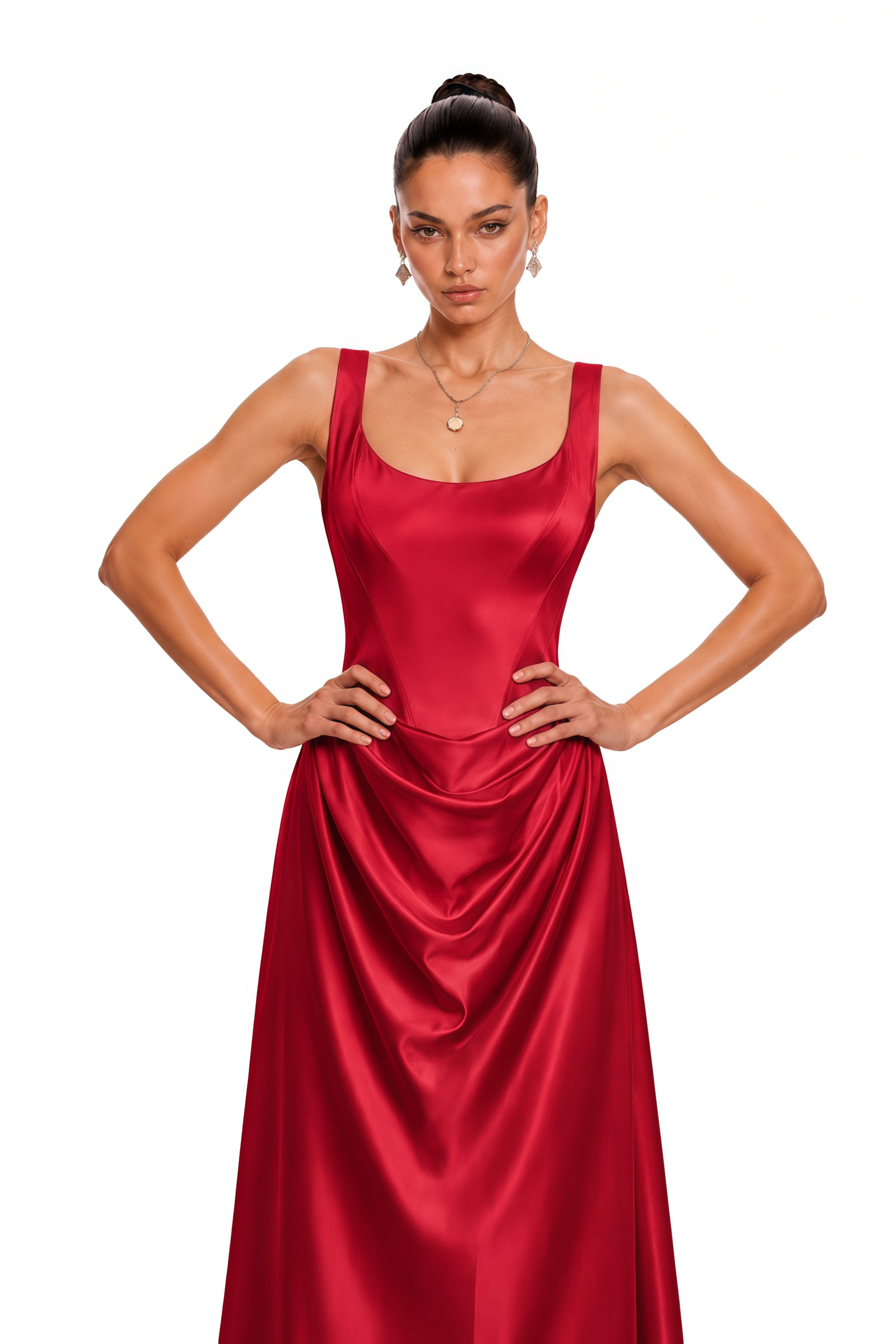 Fiona Red Satin Square Neck Maxi Dress