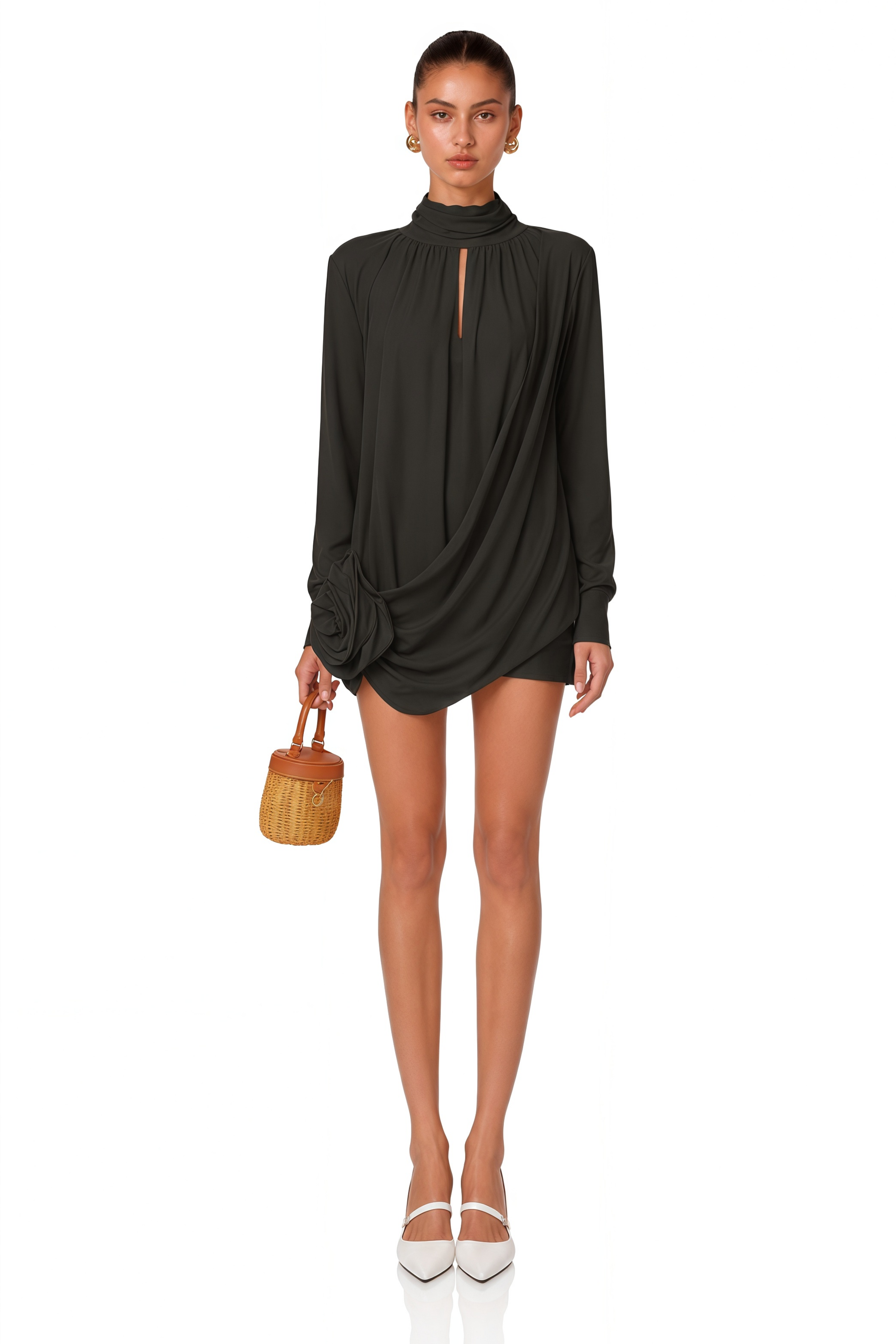 Maeva Faux-Flower Ruched Mini Dress in Black