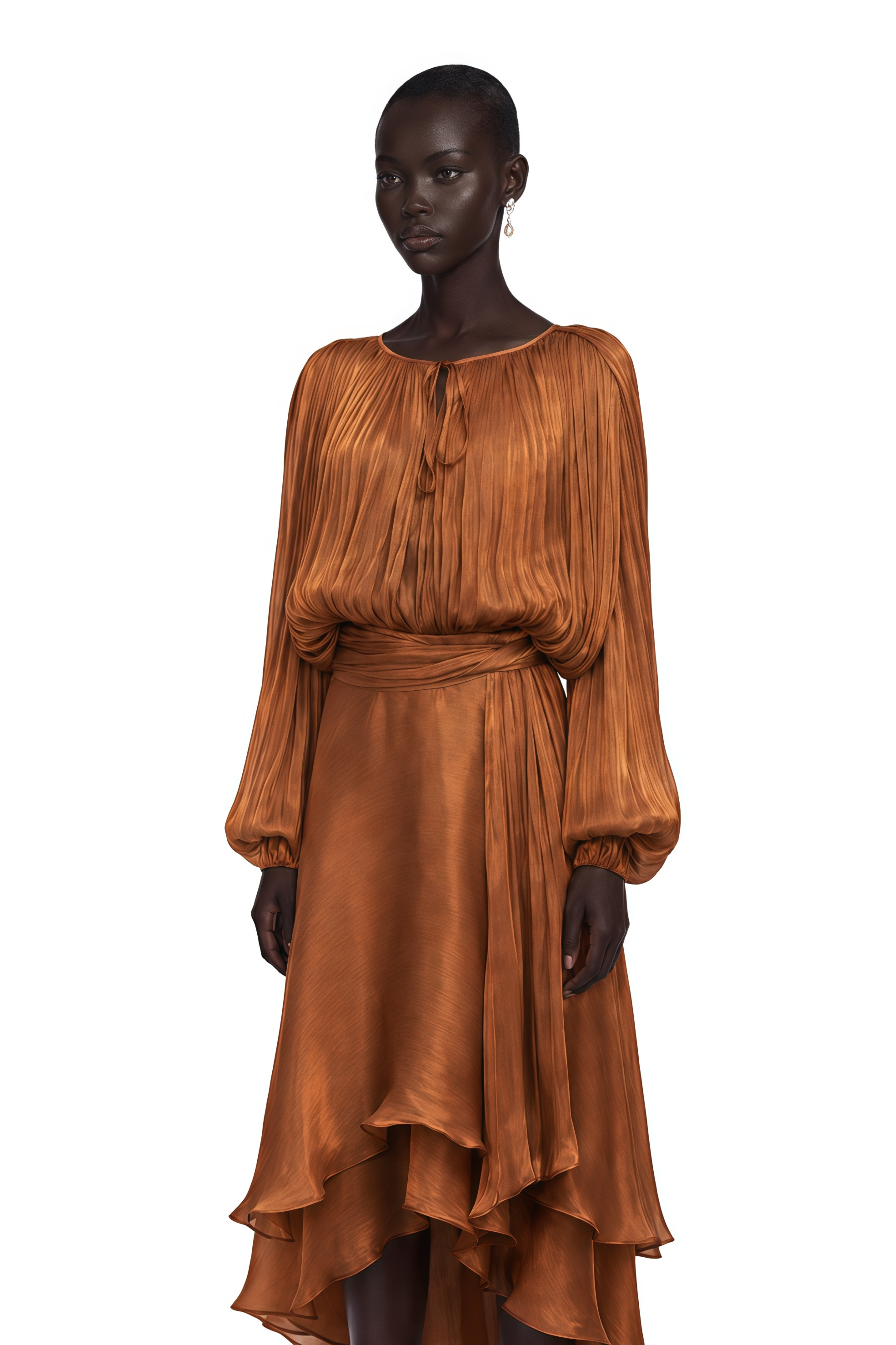 Eugénie Pleated Ruffle Maxi Dress in Brown