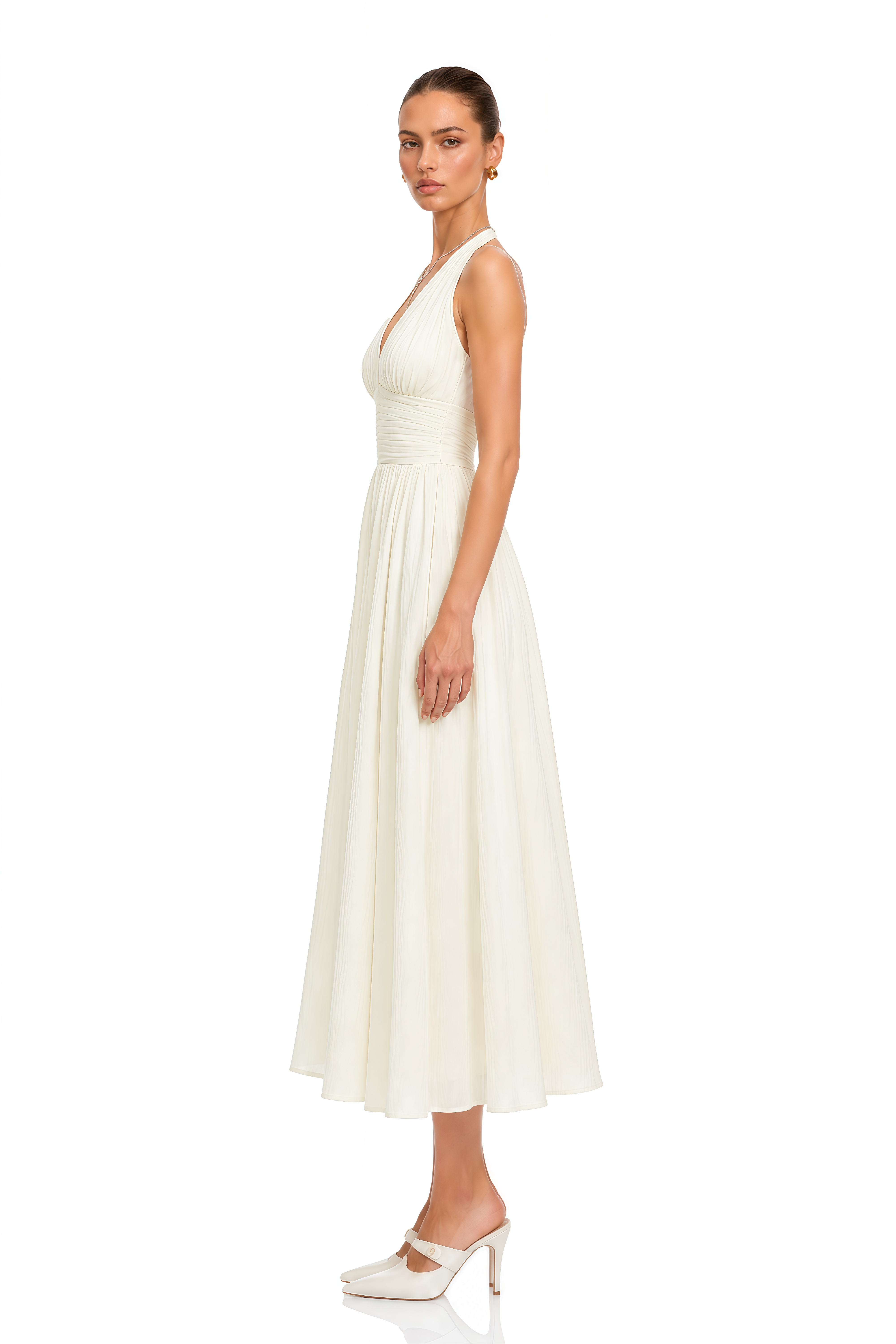 Hinewai Cream Halterneck Ruched Midi Dress