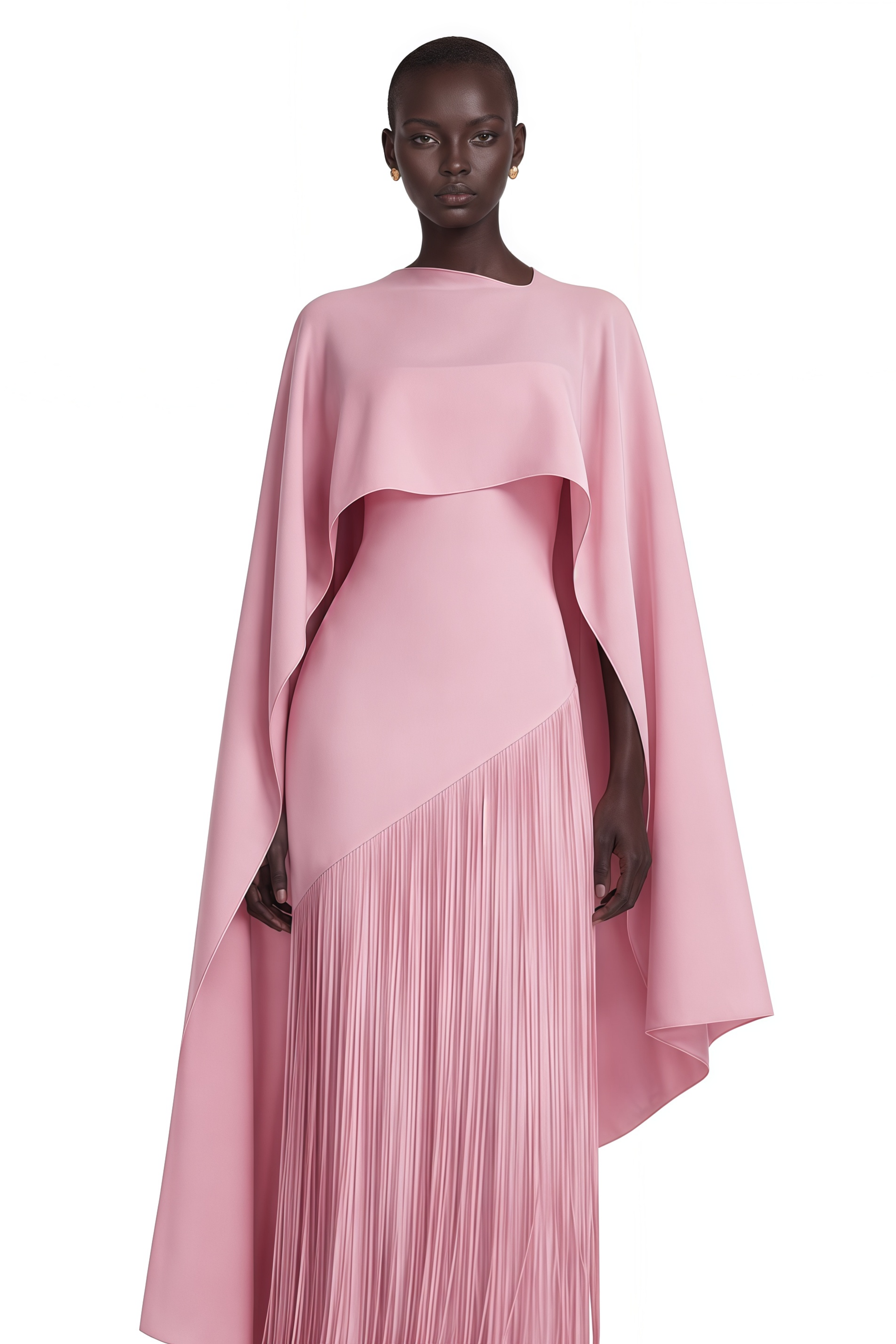 Cayetana Pink Fringe Maxi Dress with Cape Effect
