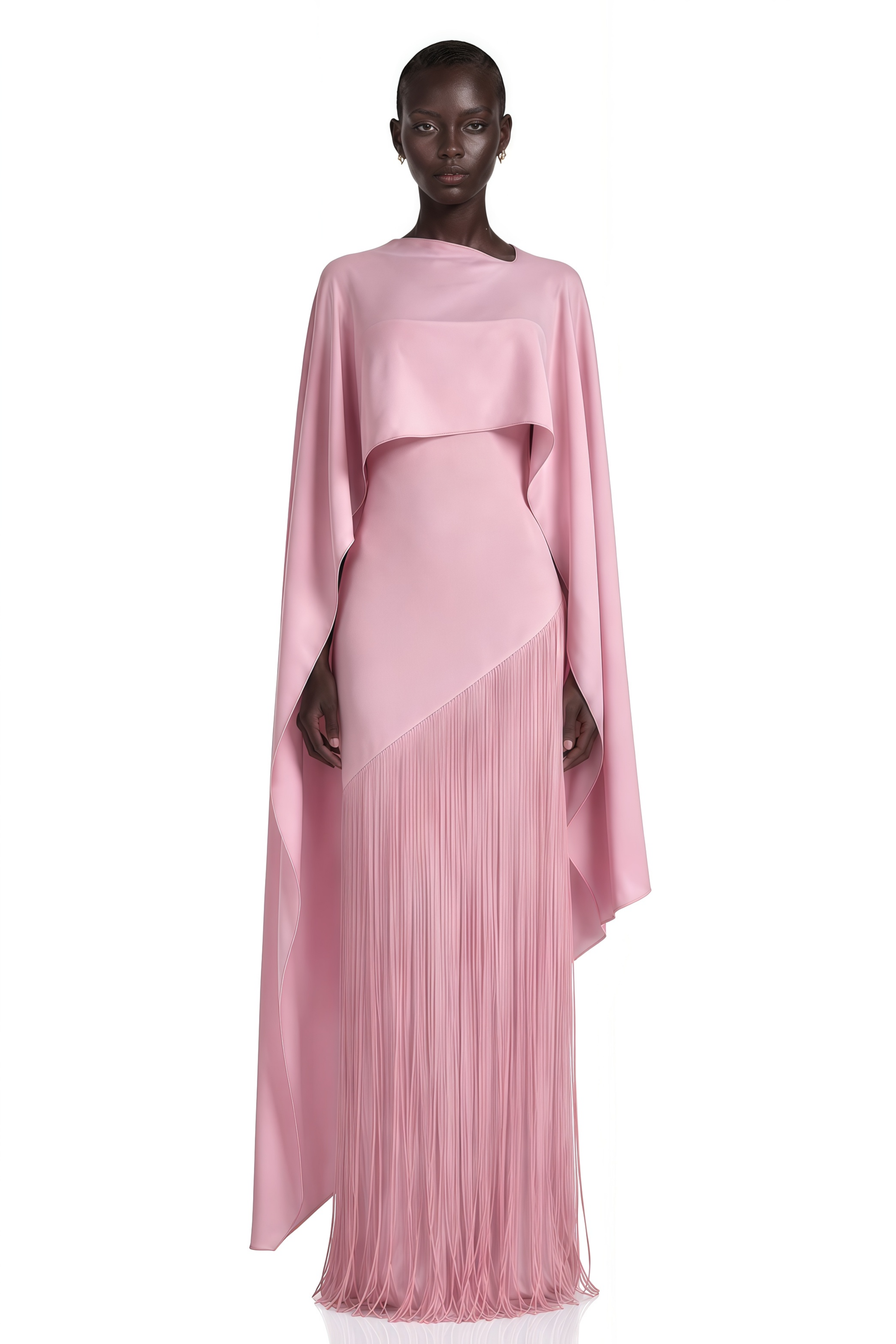 Cayetana Pink Fringe Maxi Dress with Cape Effect