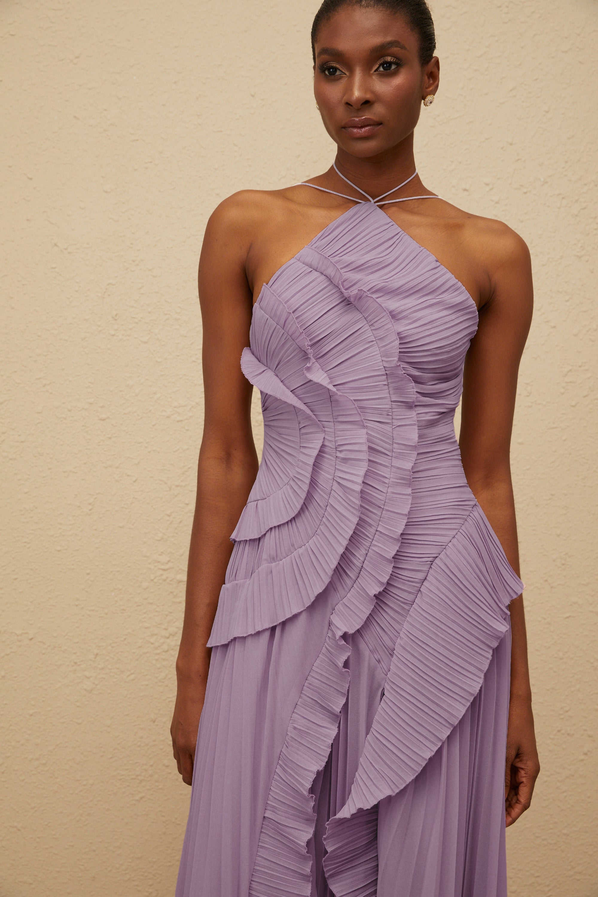 Lavender Ruffled Pleated Midi Dress