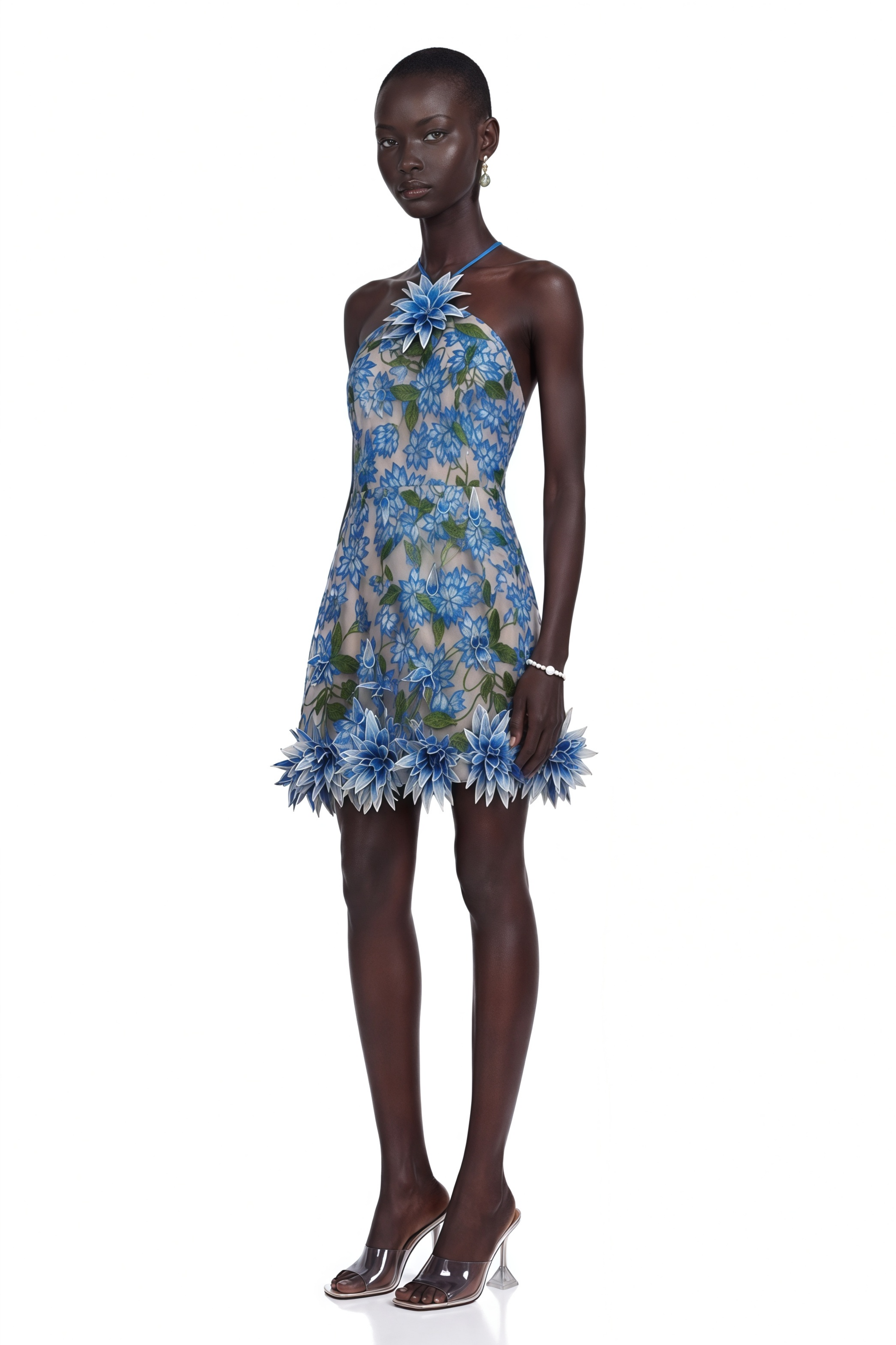 Doriane Blue Halterneck Floral Embroidered Mini Dress