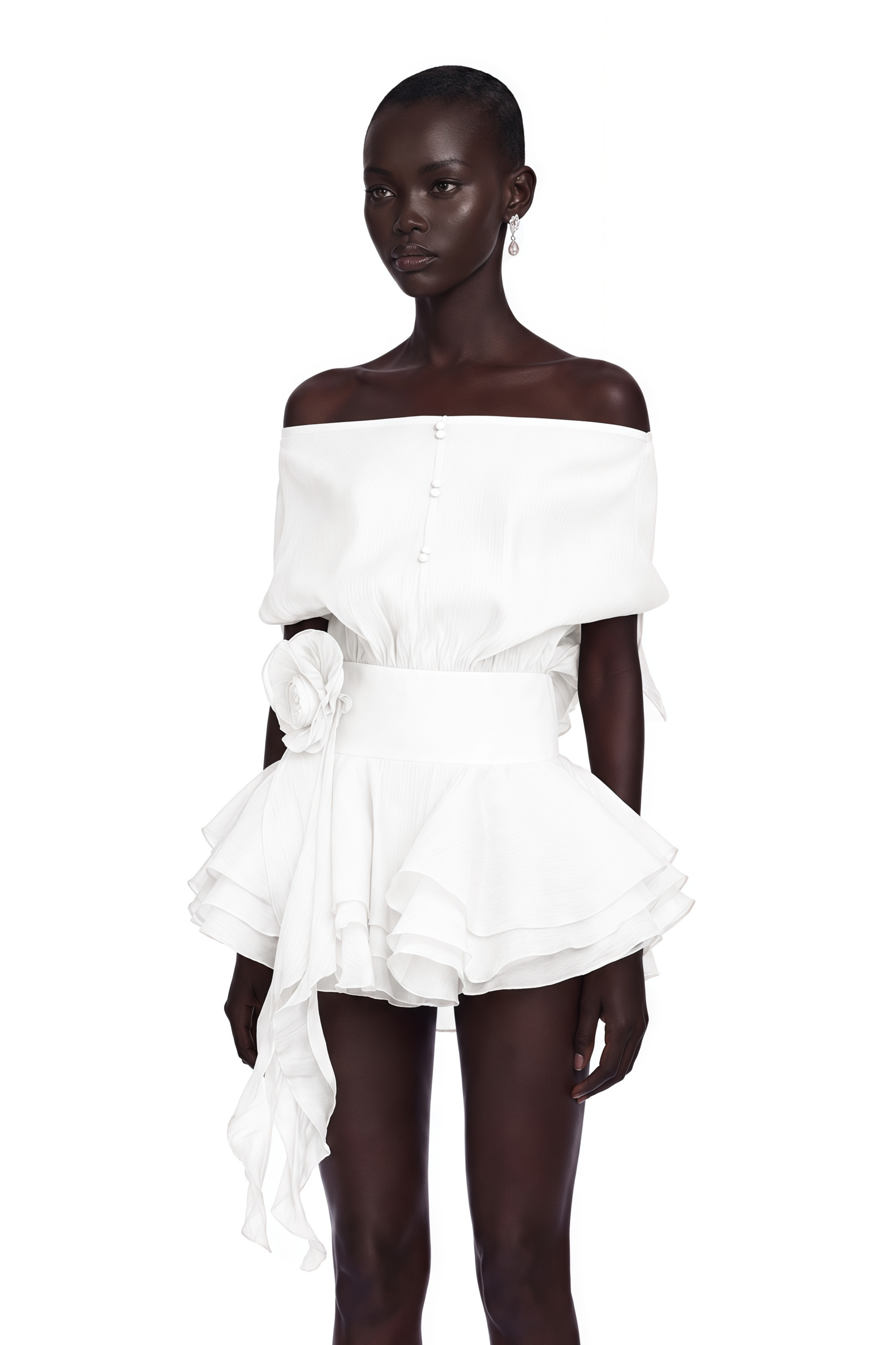 Amélie White Floral Appliqué Flounced Mini Dress