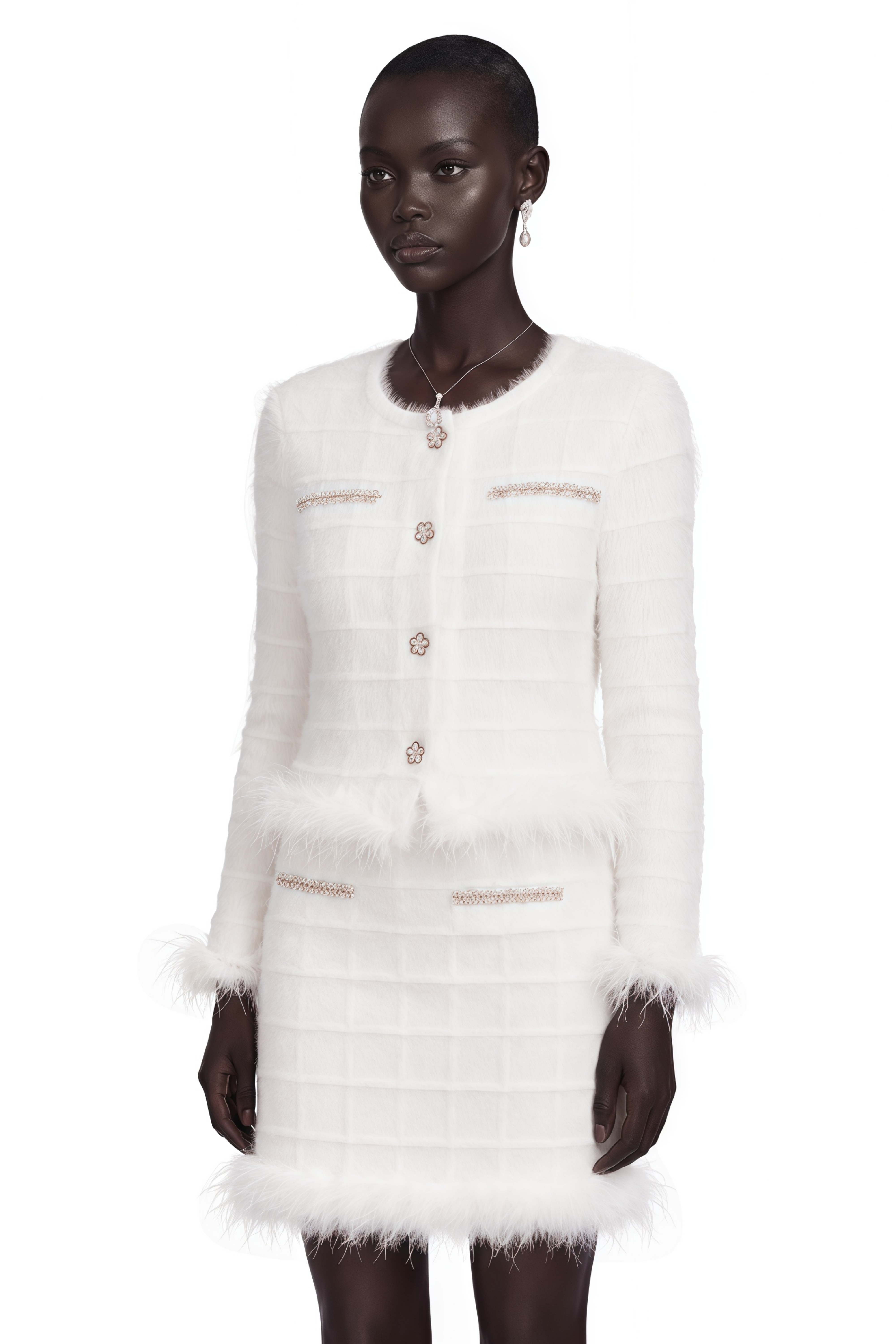 Cora White Feather Waffle Knit Cardigan & Skirt Matching Set