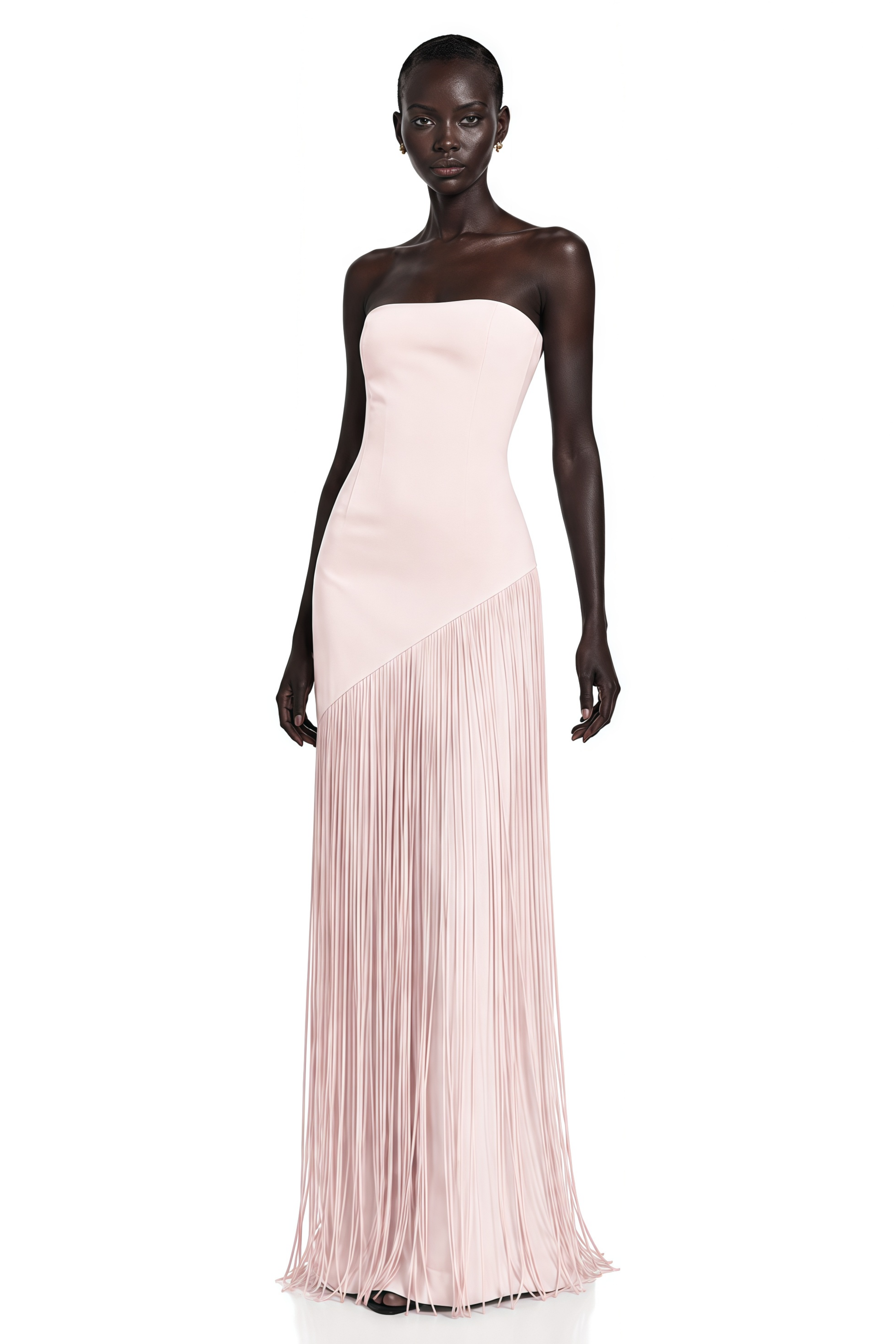 Cayetana Nude Pink Fringe Maxi Dress with Cape Effect