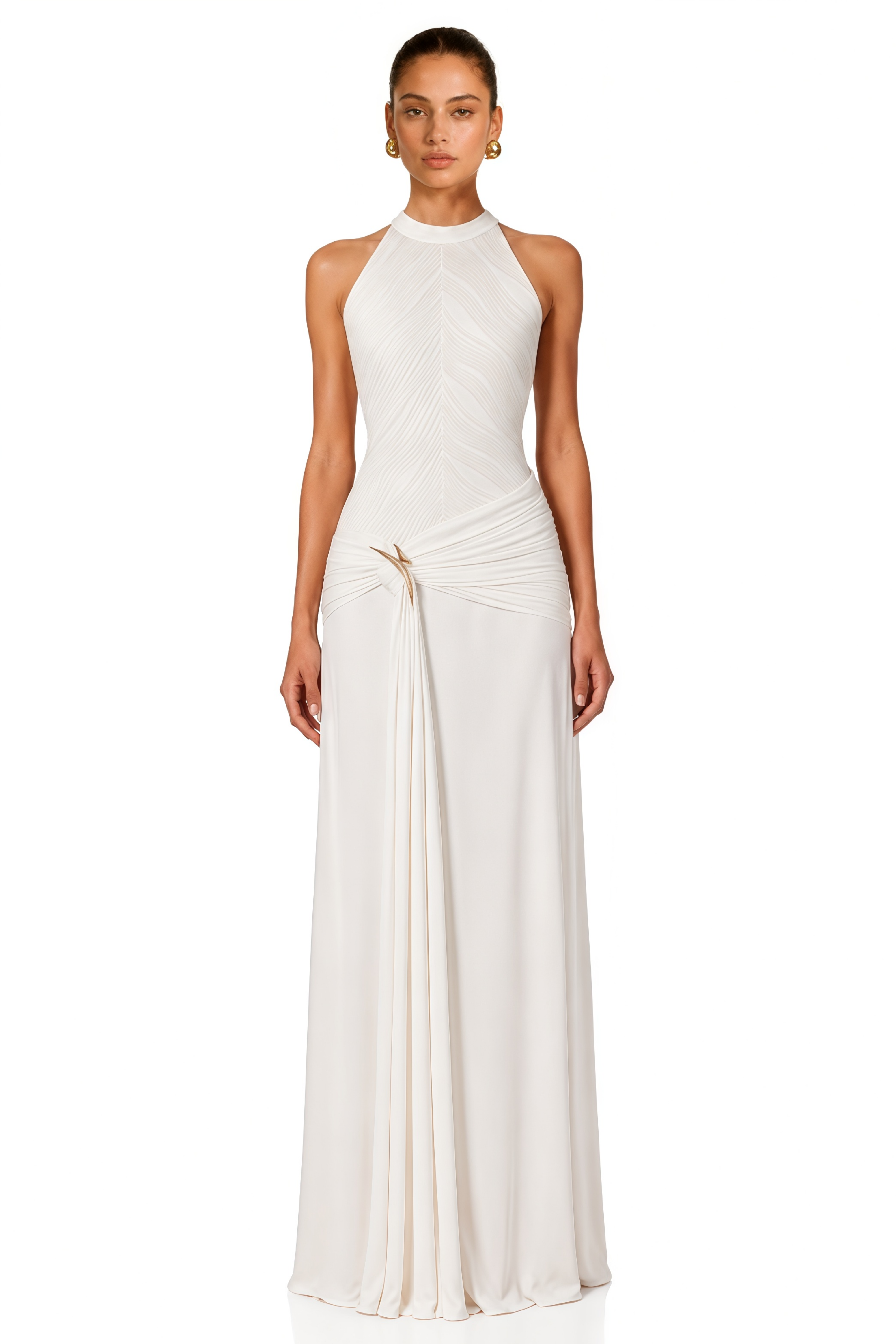 Klara White Ruched Ribbon Textured Maxi Dress
