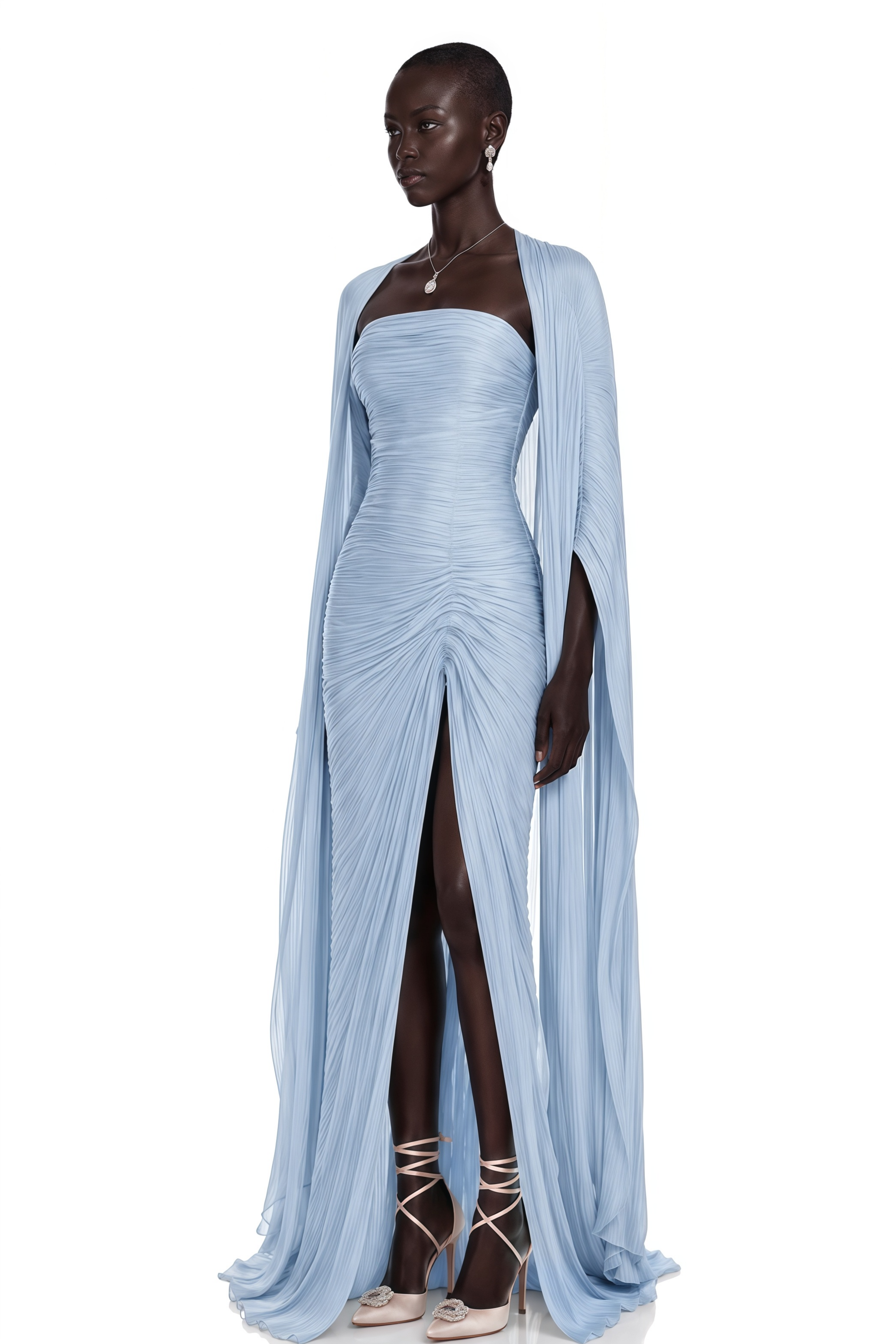 Shifra Blue Asymmetrical Cape Maxi Dress