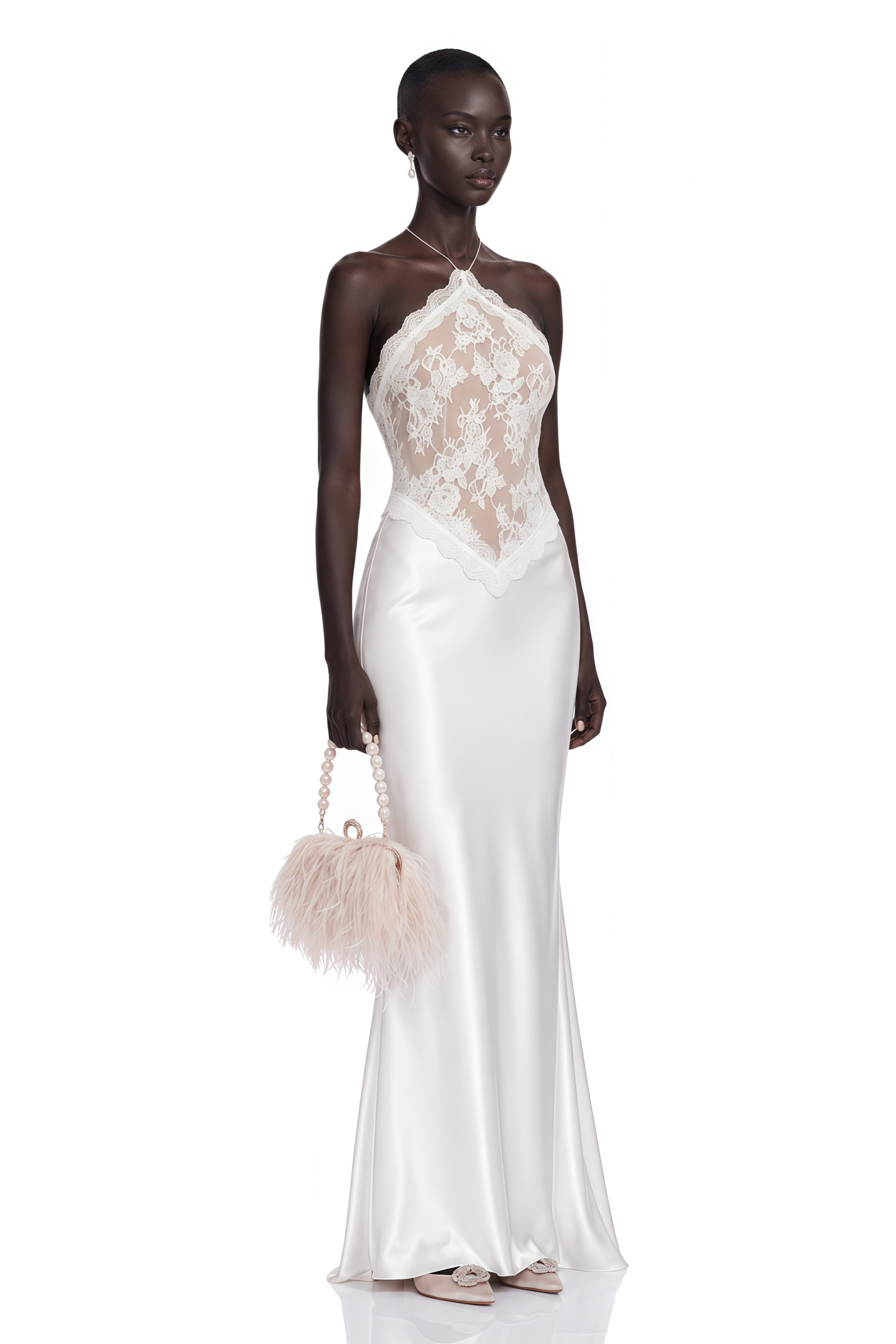 Selene White Lace Panel Satin Maxi Dress
