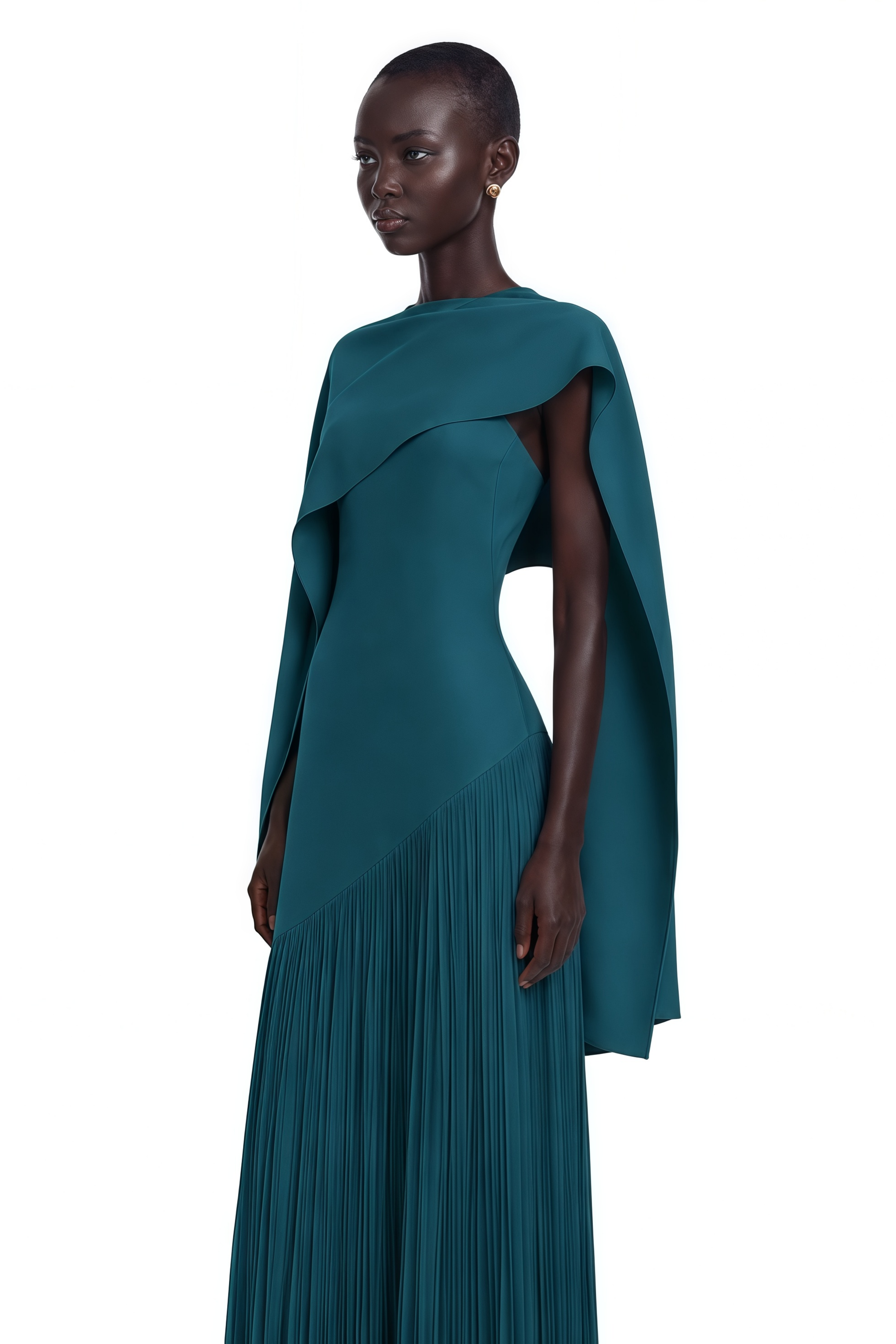 Cayetana Teal Fringe Maxi Dress with Cape Effect