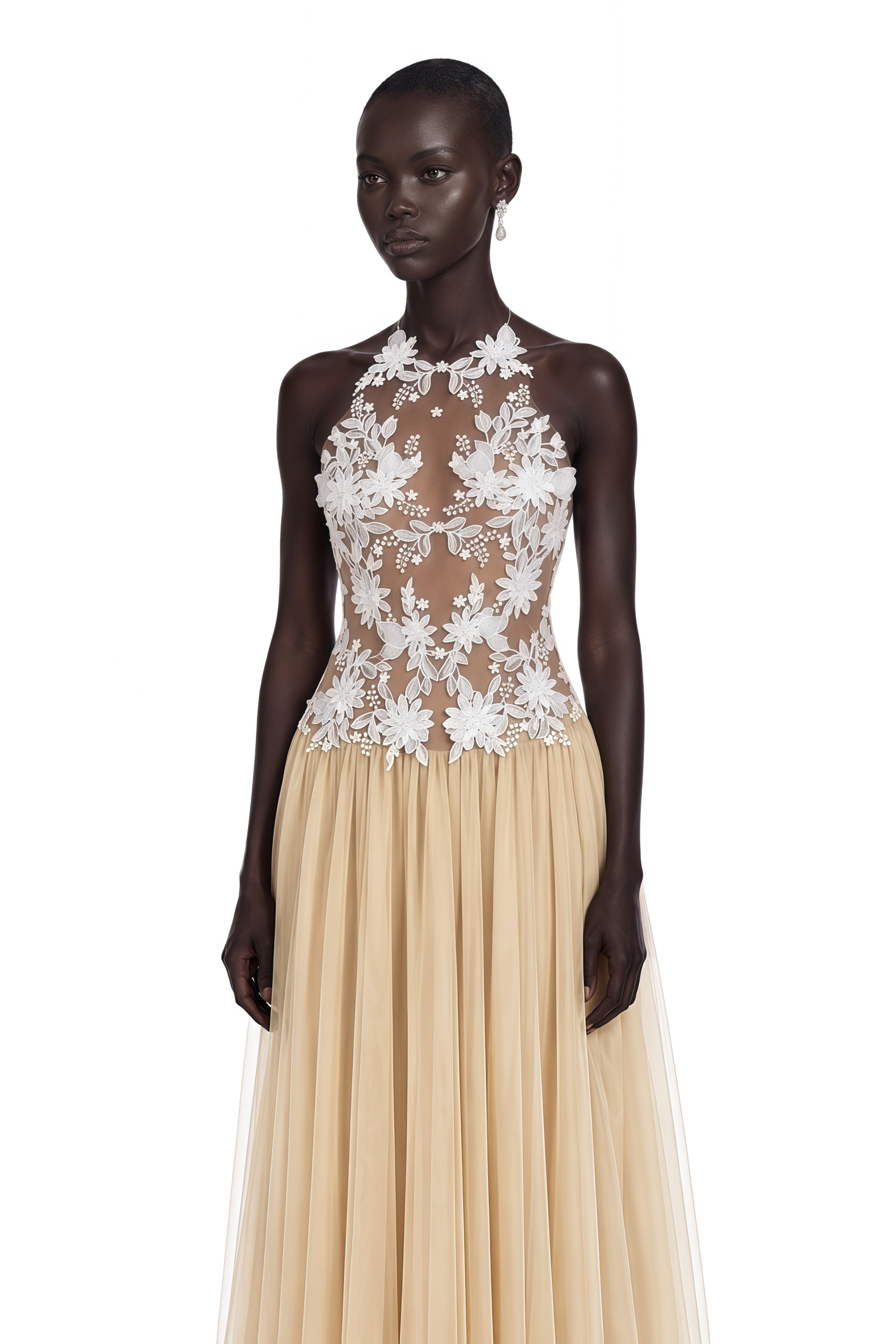 Ruqayya Neutral Floral Embroidered Pleated Maxi Dress