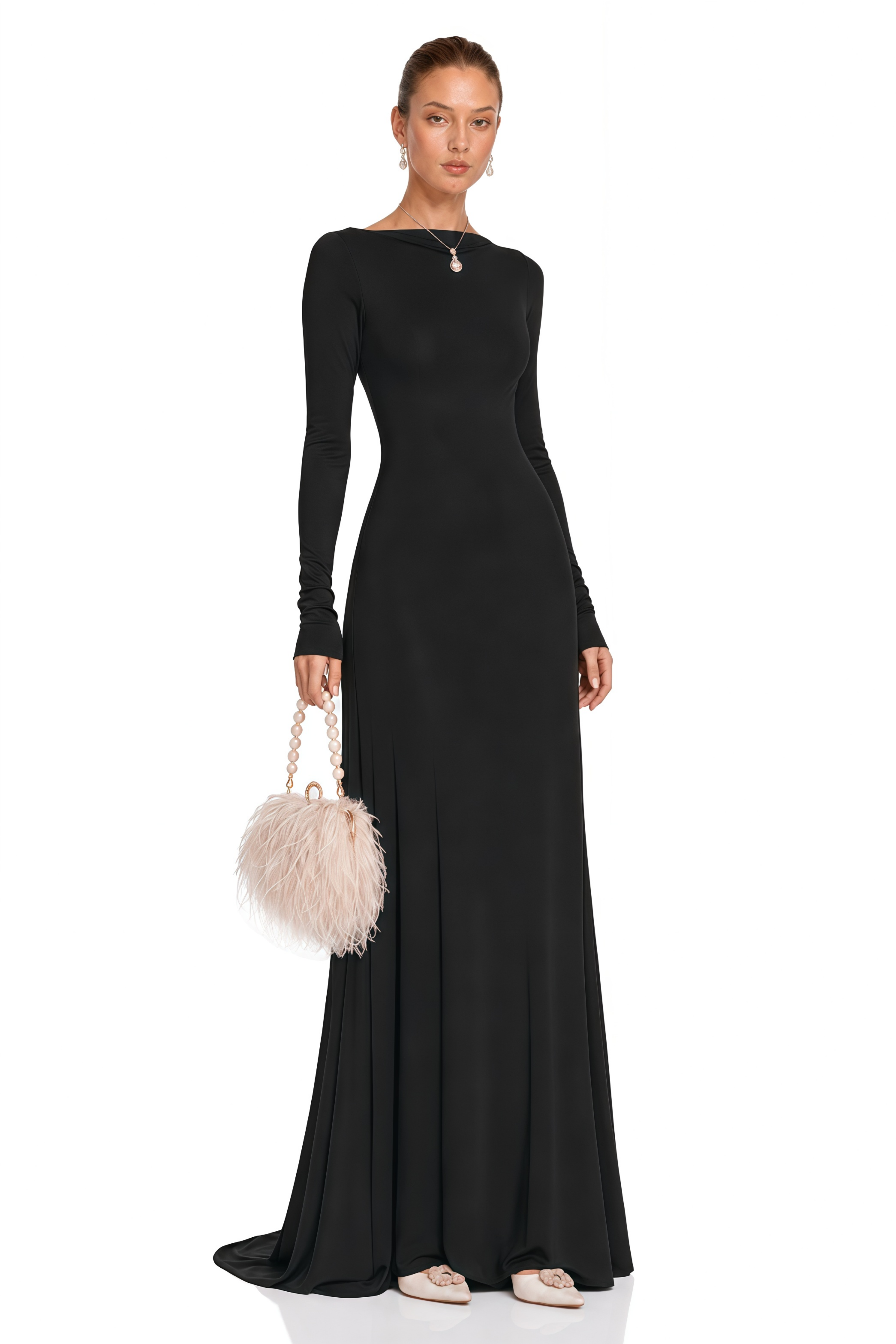 Caterina Black Open Back Maxi Gown with Train