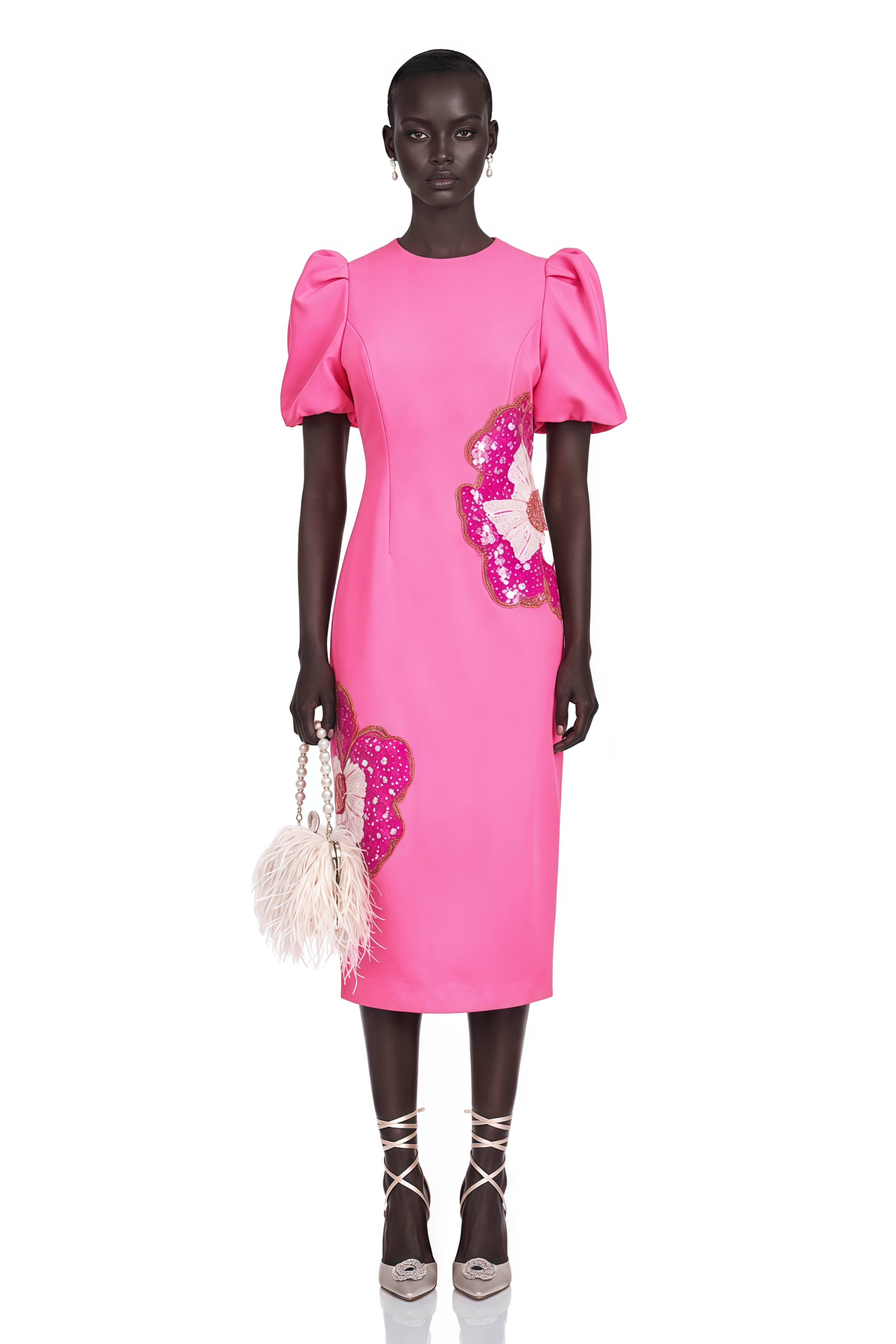 Ángela Pink Embellished Floral Midi Dress