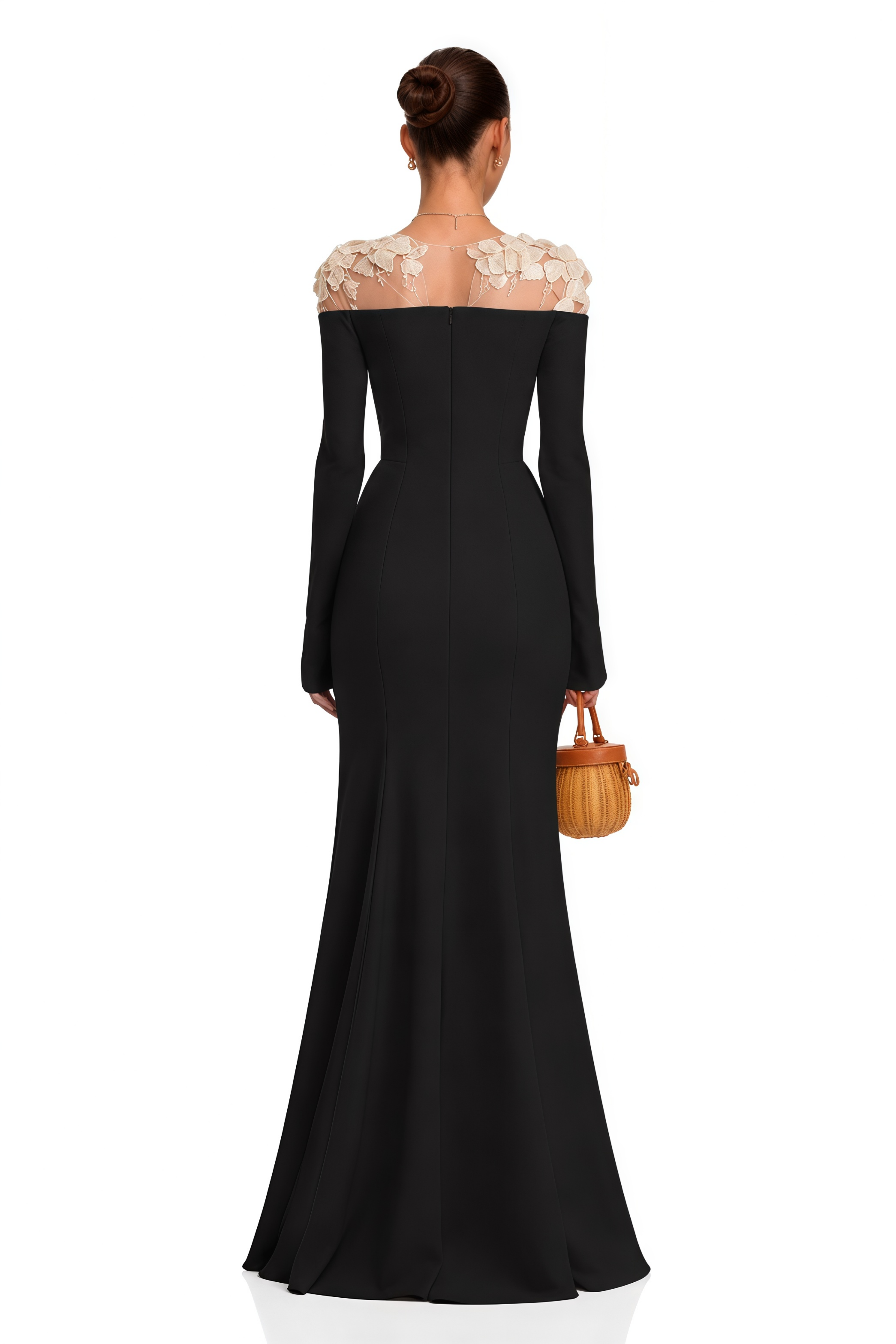 Silvia Black Floral Appliqué Off-Shoulder Gown
