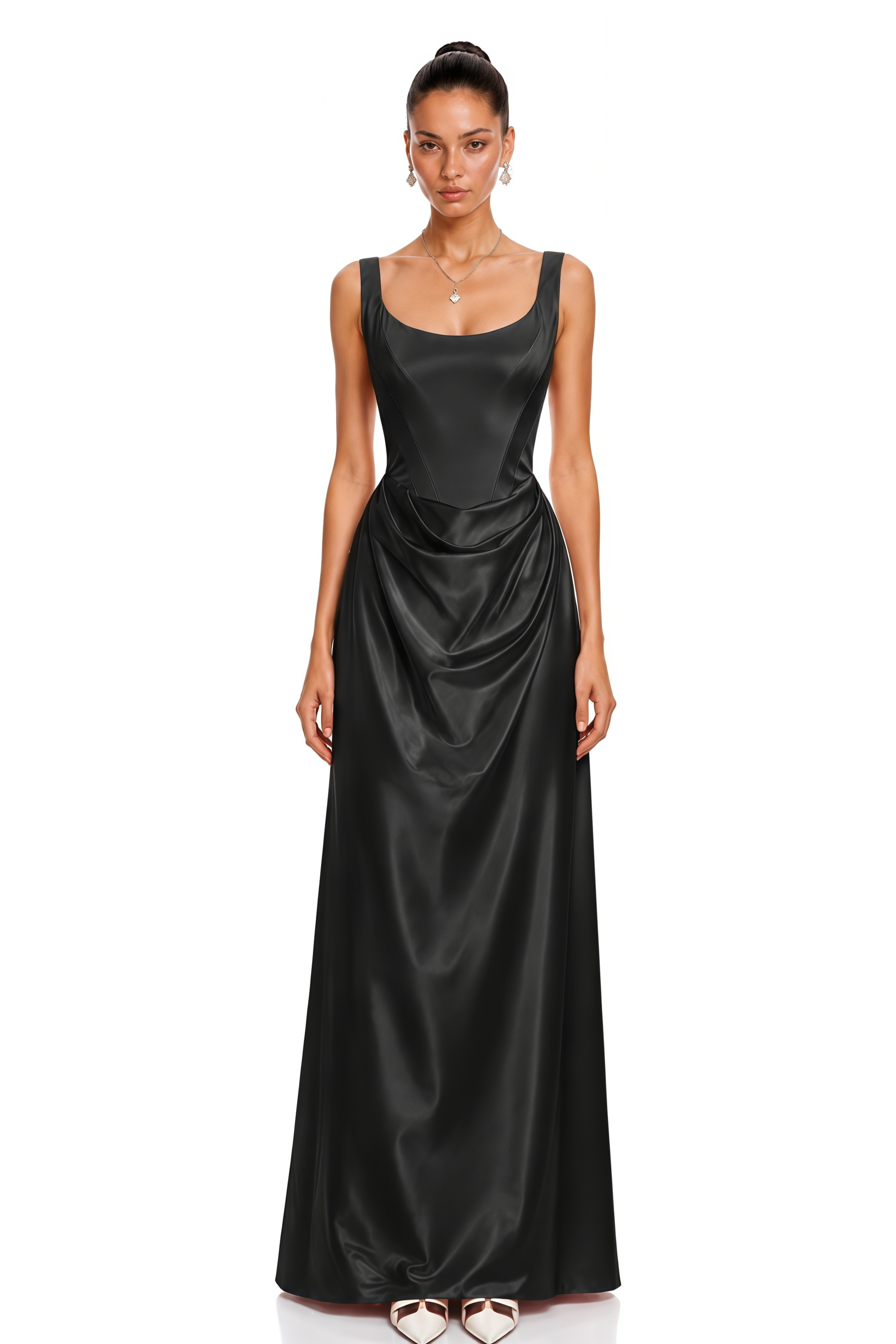 Fiona Black Satin Square Neck Maxi Dress