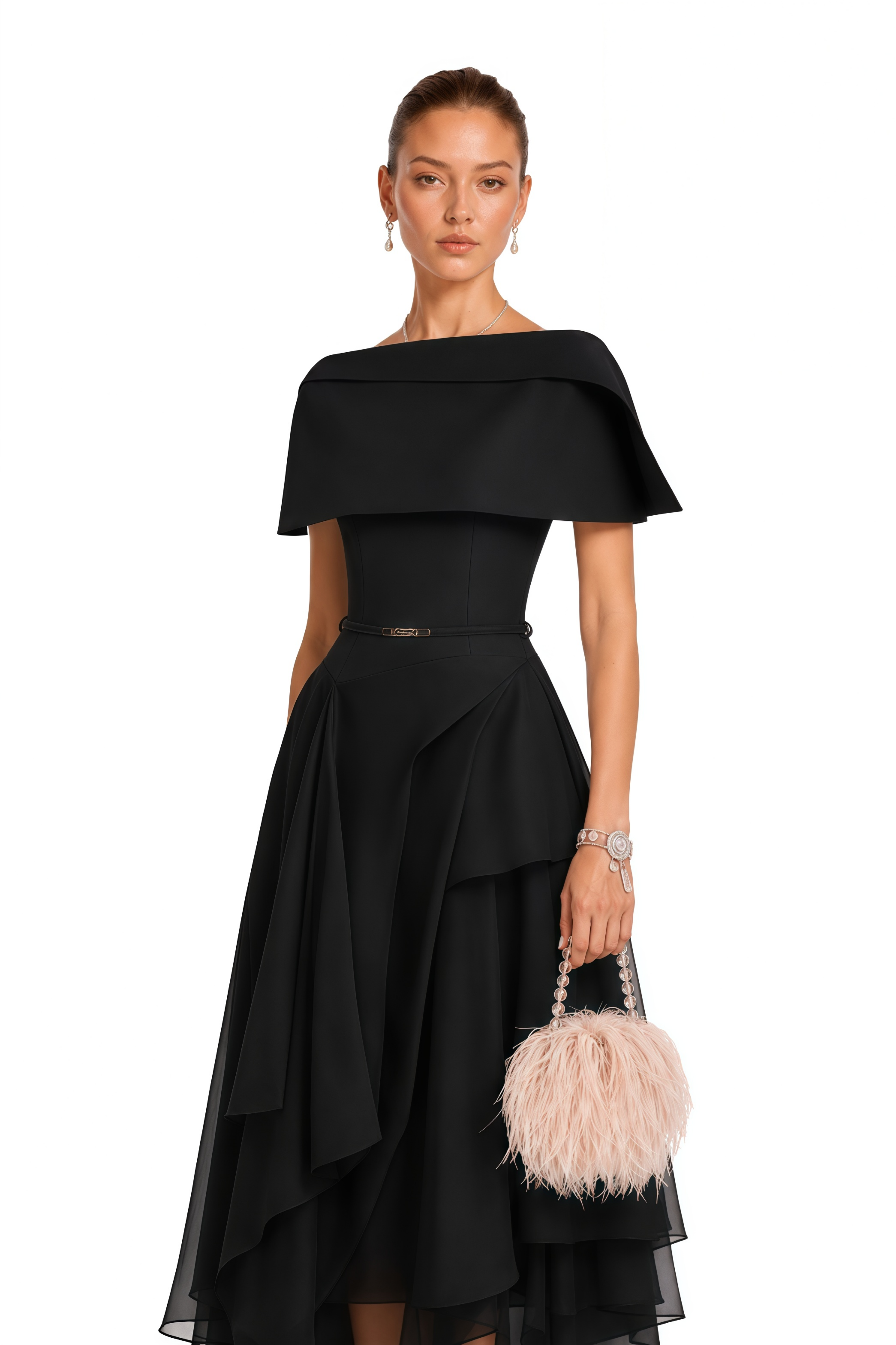 Aria Black Asymmetrical Shawl & Tulle Panel Dress Set