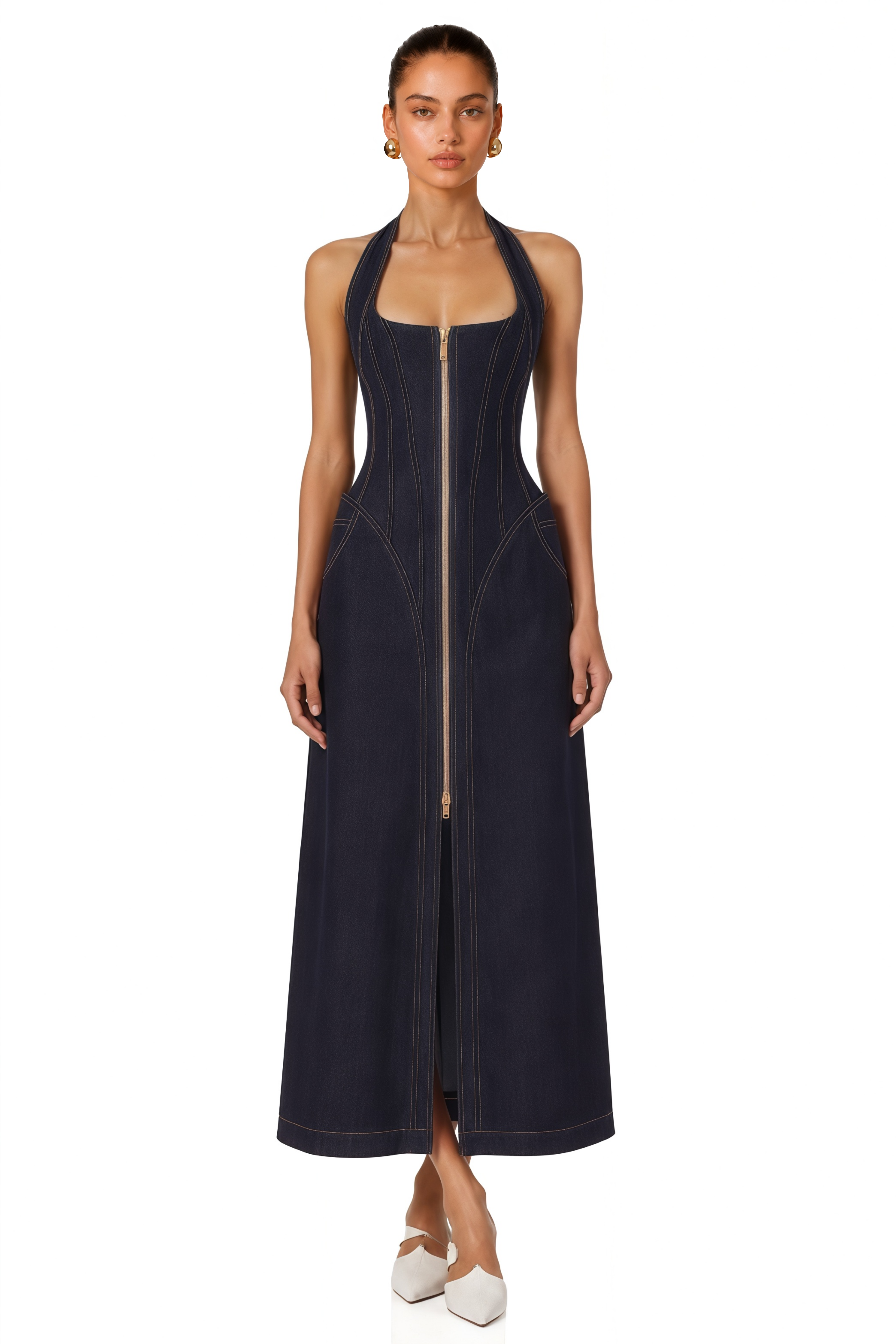 Adrienne Denim Front-Slit Contrast-Stitching Maxi Dress