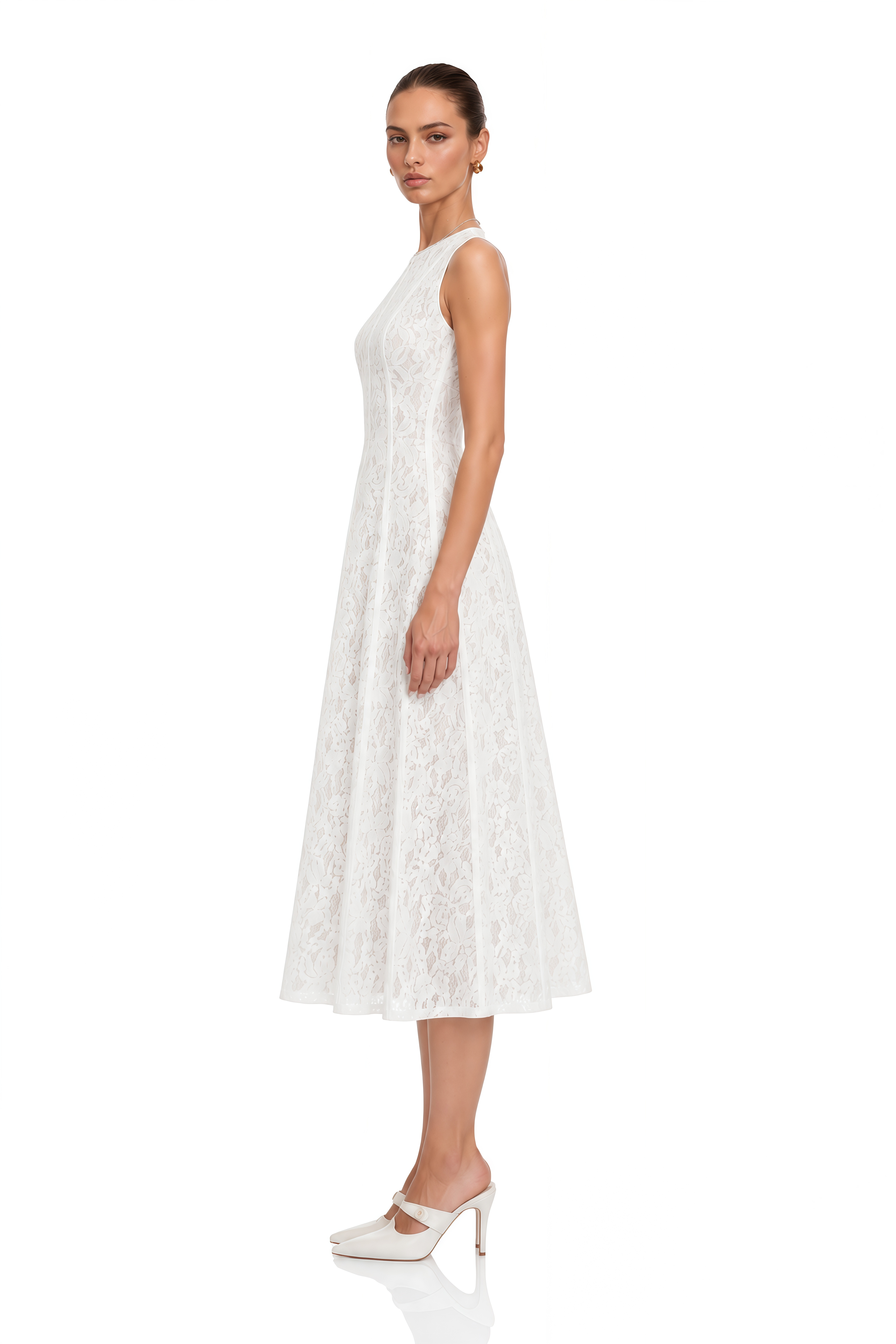 Guinevere White Sleeveless Floral Lace Midi Dress