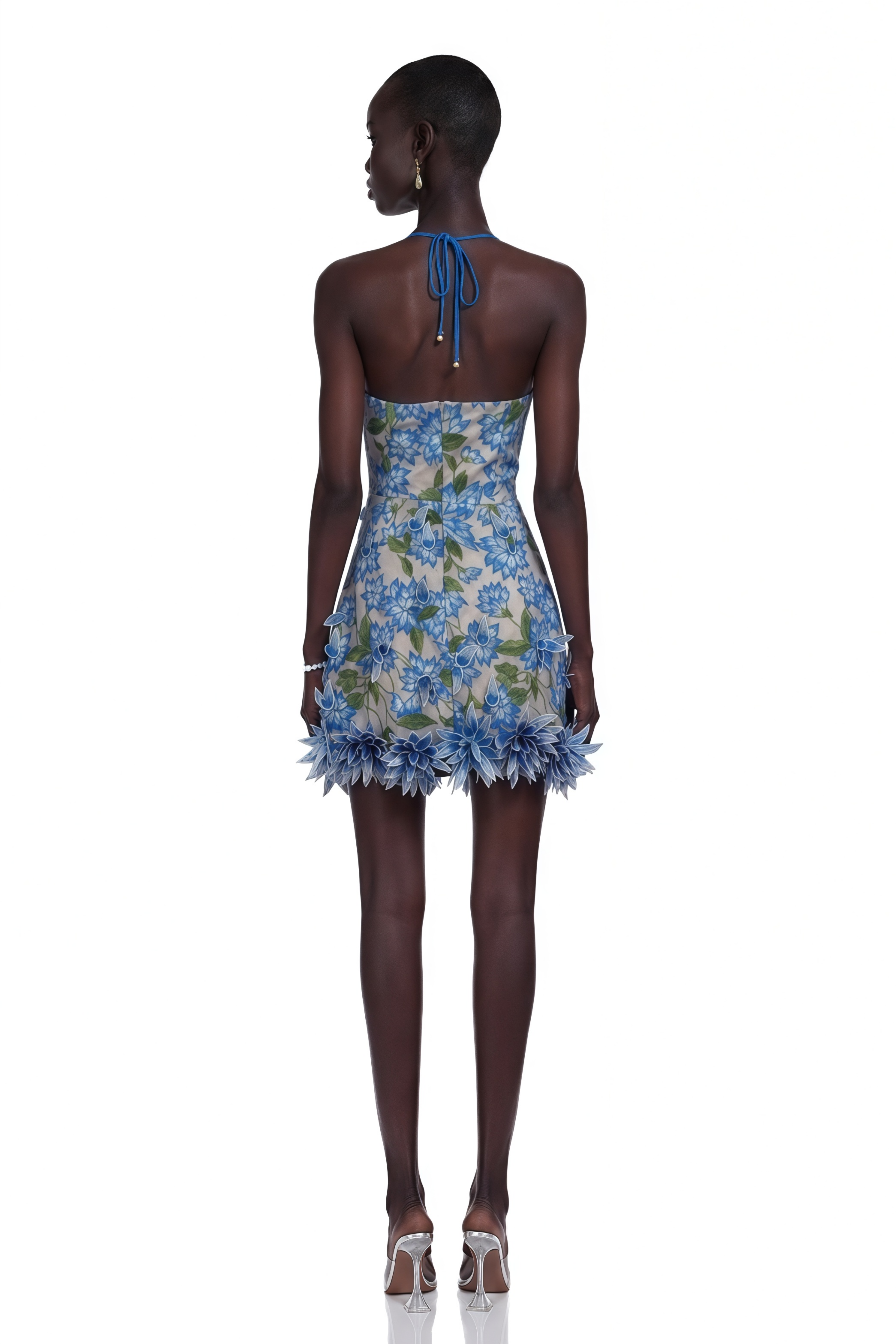 Doriane Blue Halterneck Floral Embroidered Mini Dress