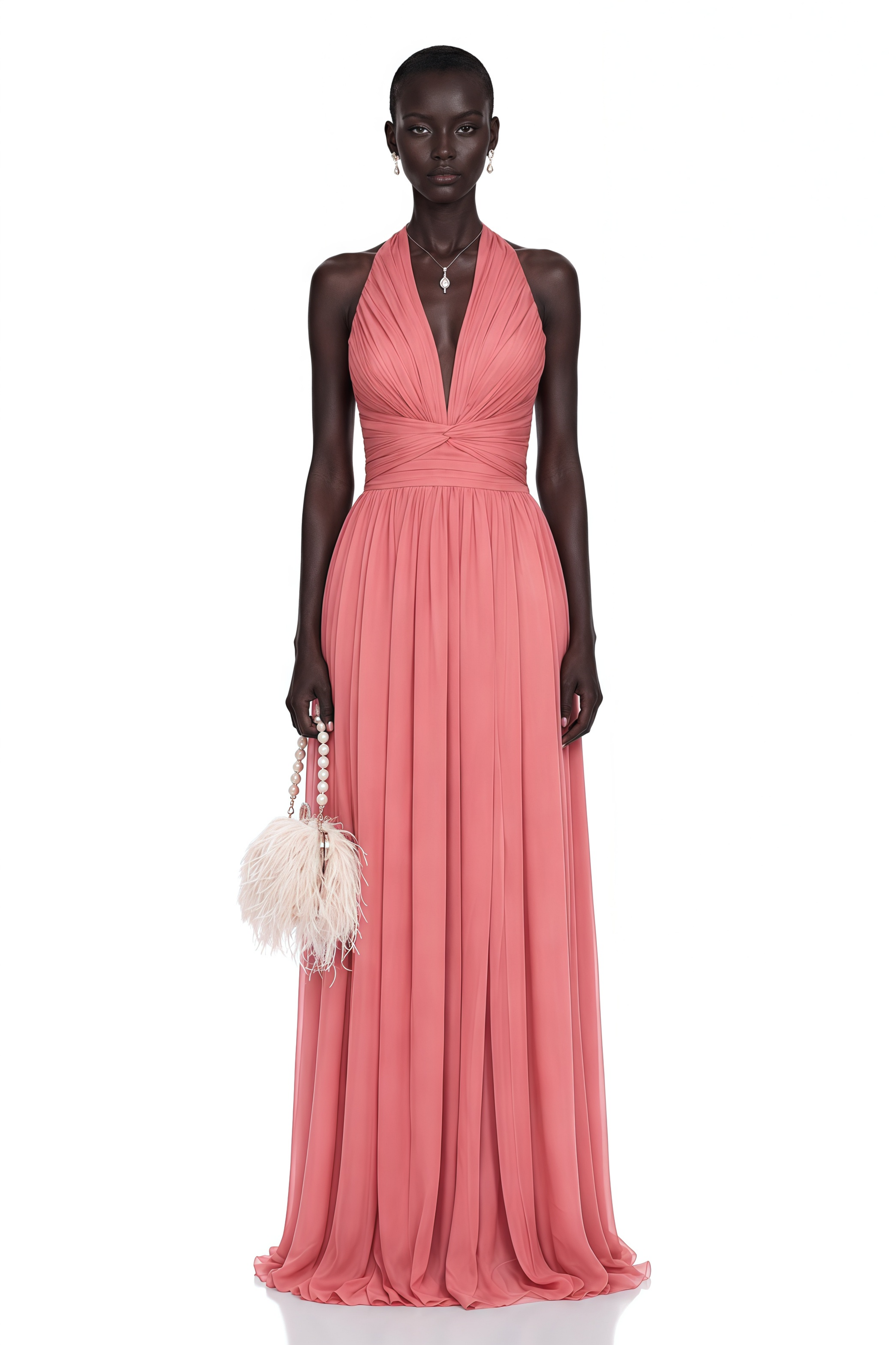 Macioci Pink Halterneck Ruched Maxi Dress with Criss Cross Front