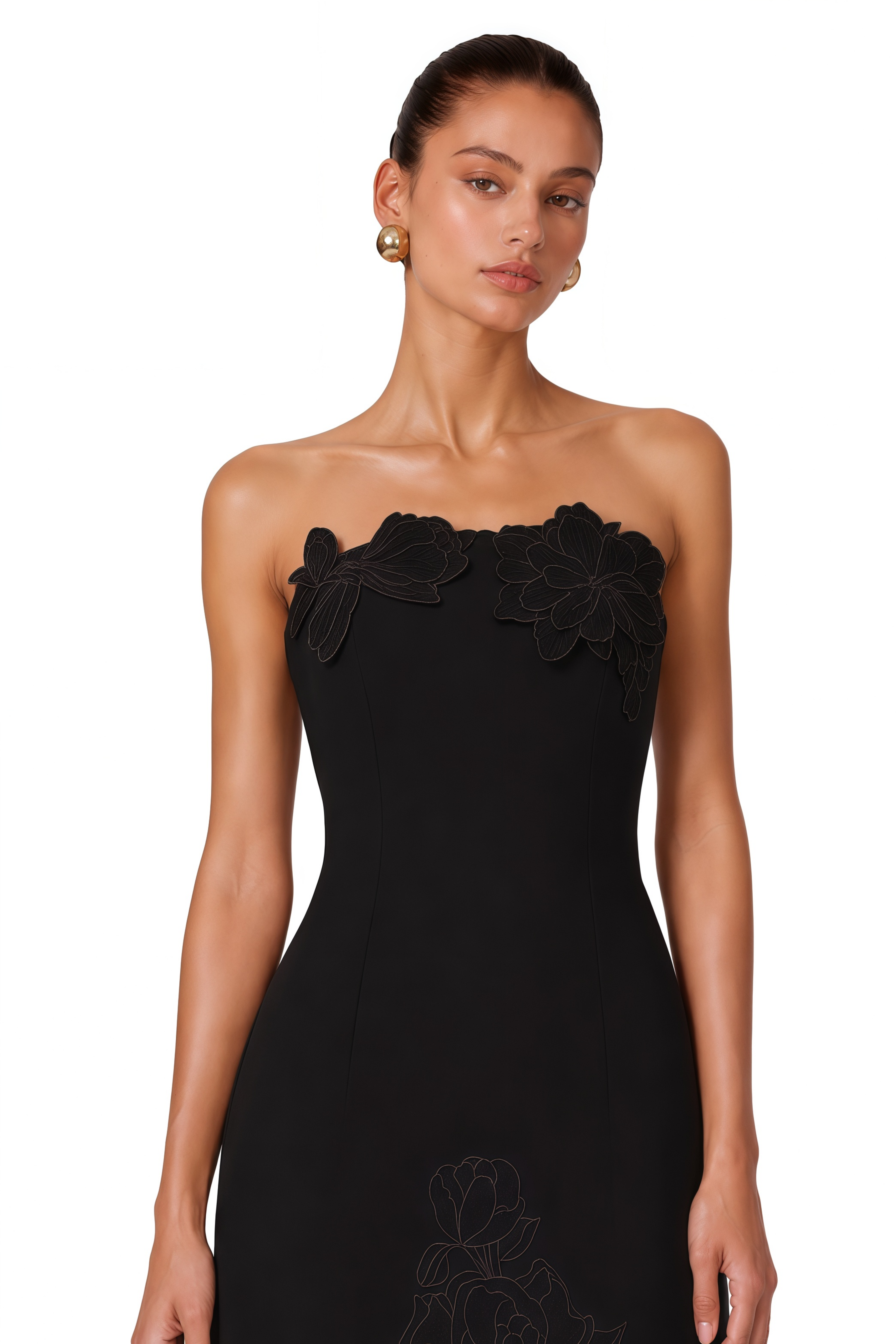 black embroidered maxi dress Inga Strapless Floral black dress embroidery design