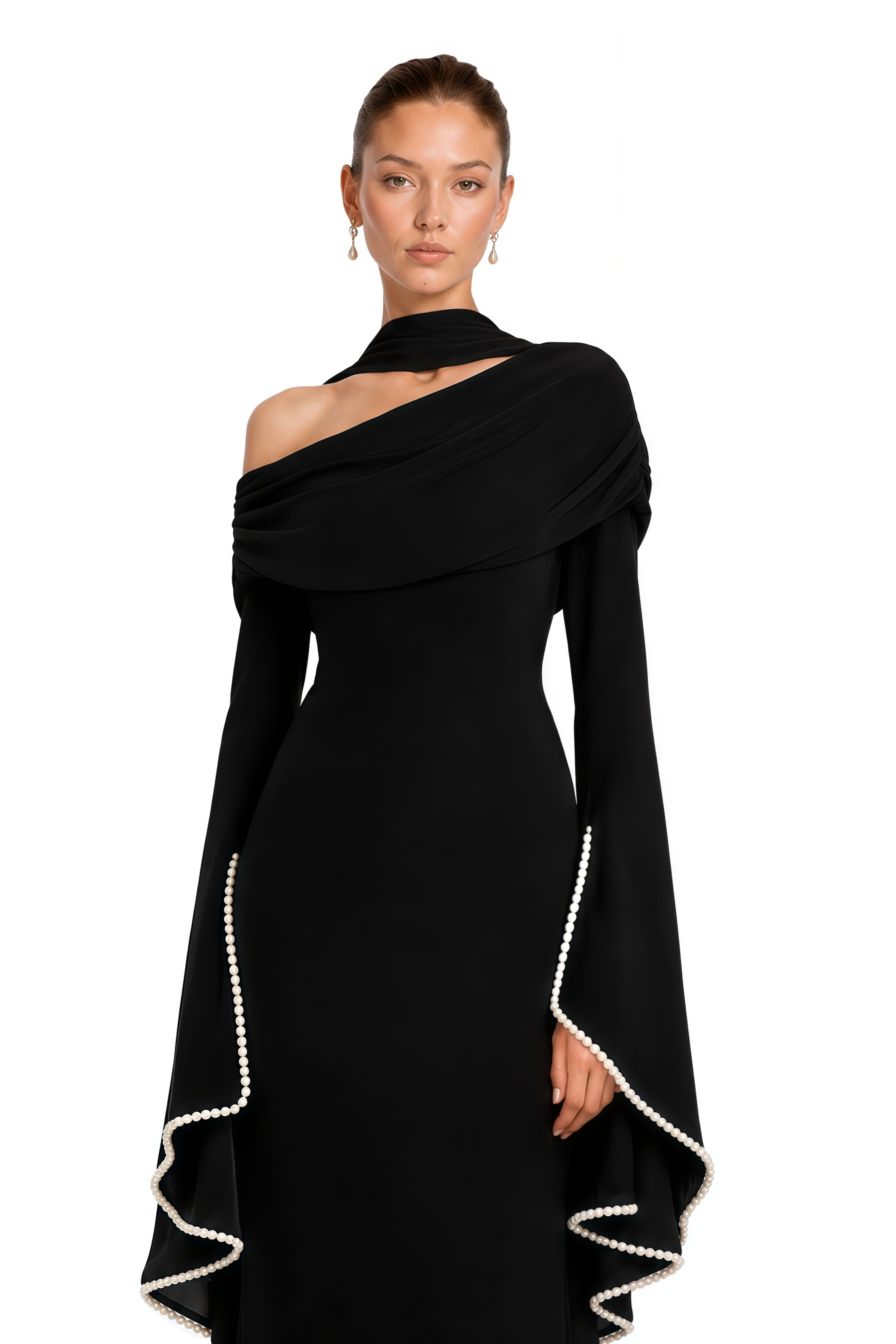 Simona Black One Shoulder Pearl Trim Maxi Gown