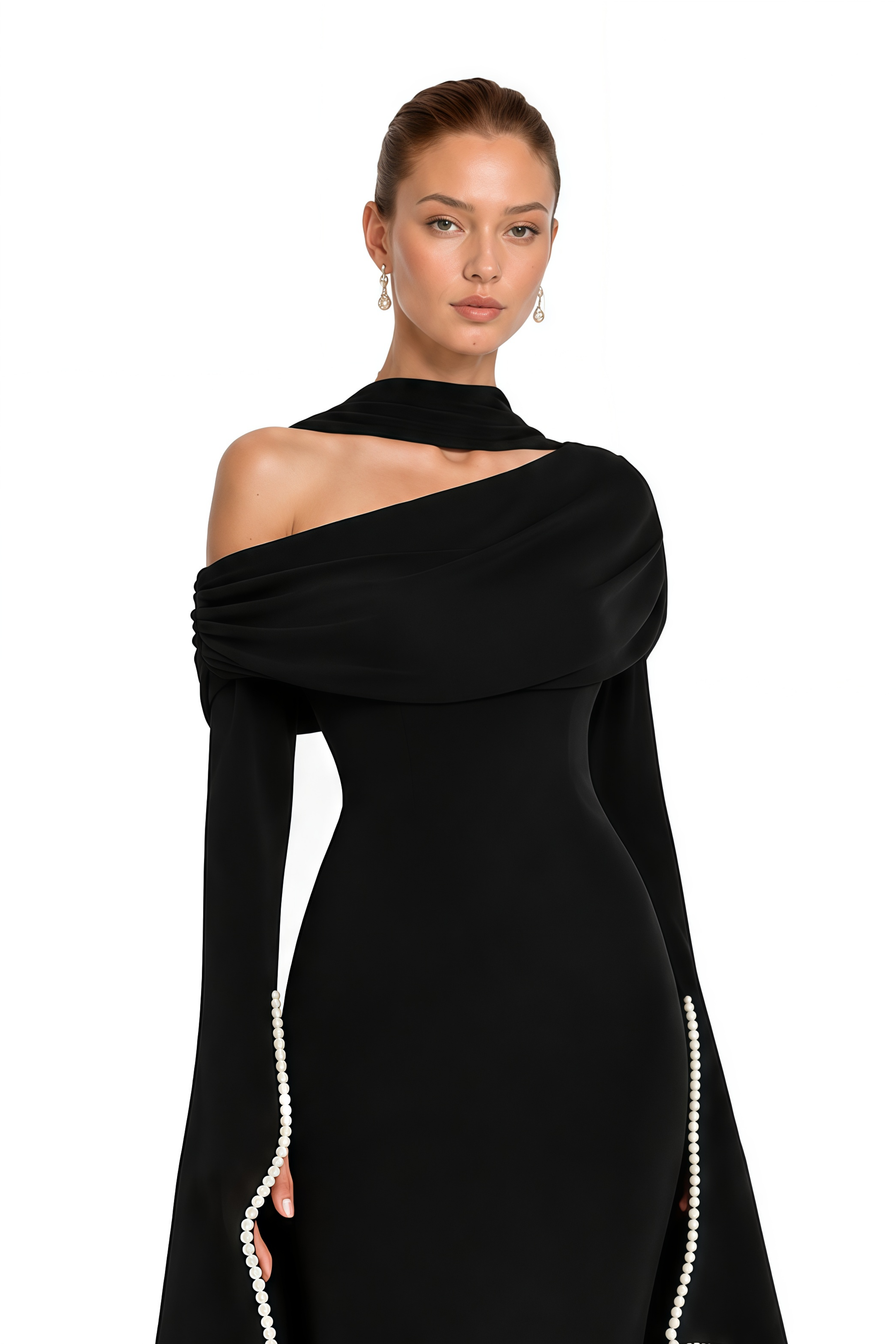 Simona Black One Shoulder Pearl Trim Maxi Gown