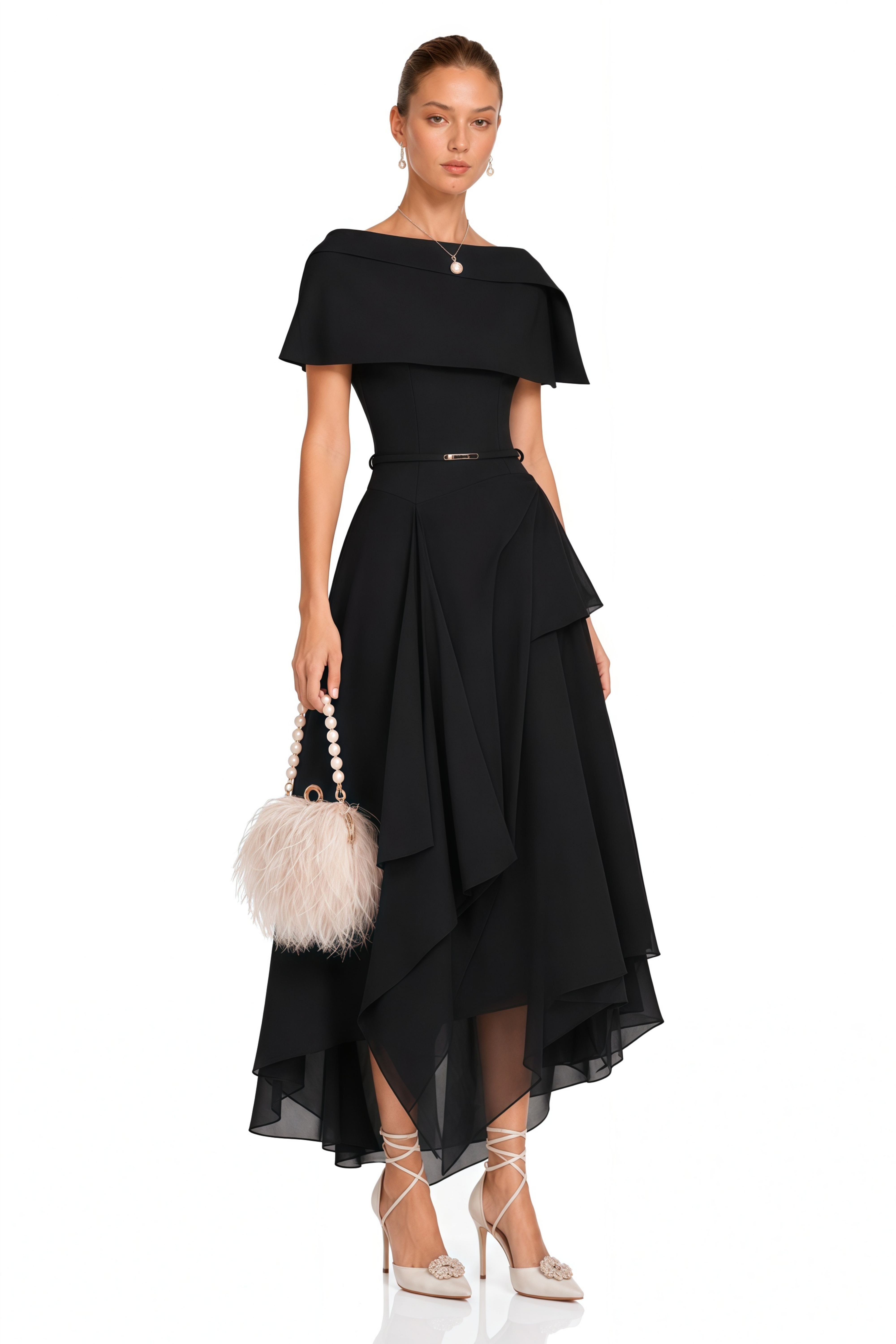Aria Black Asymmetrical Shawl & Tulle Panel Dress Set