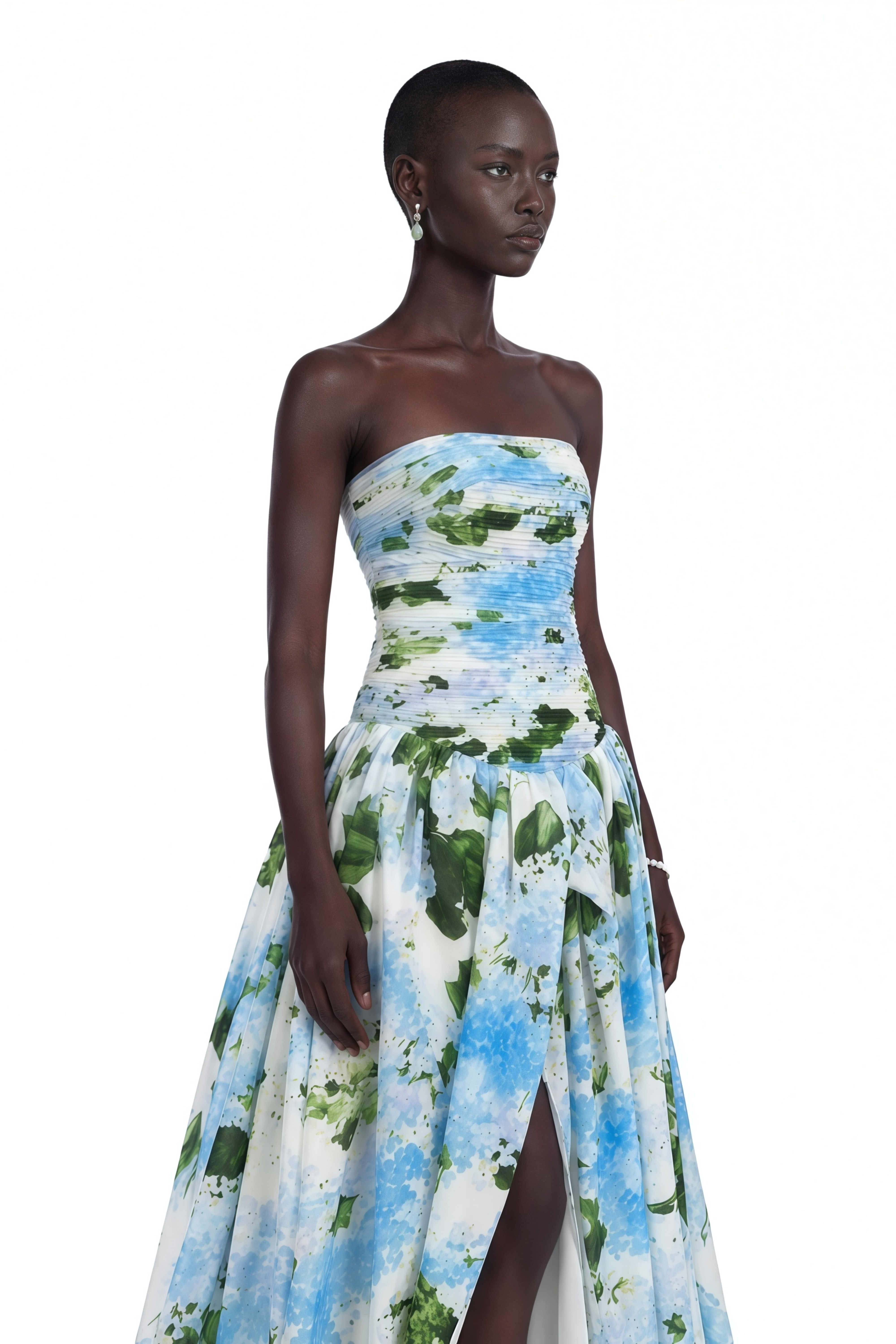 Parastoo Blue Hydrangea Floral Print Pleated Maxi Dress