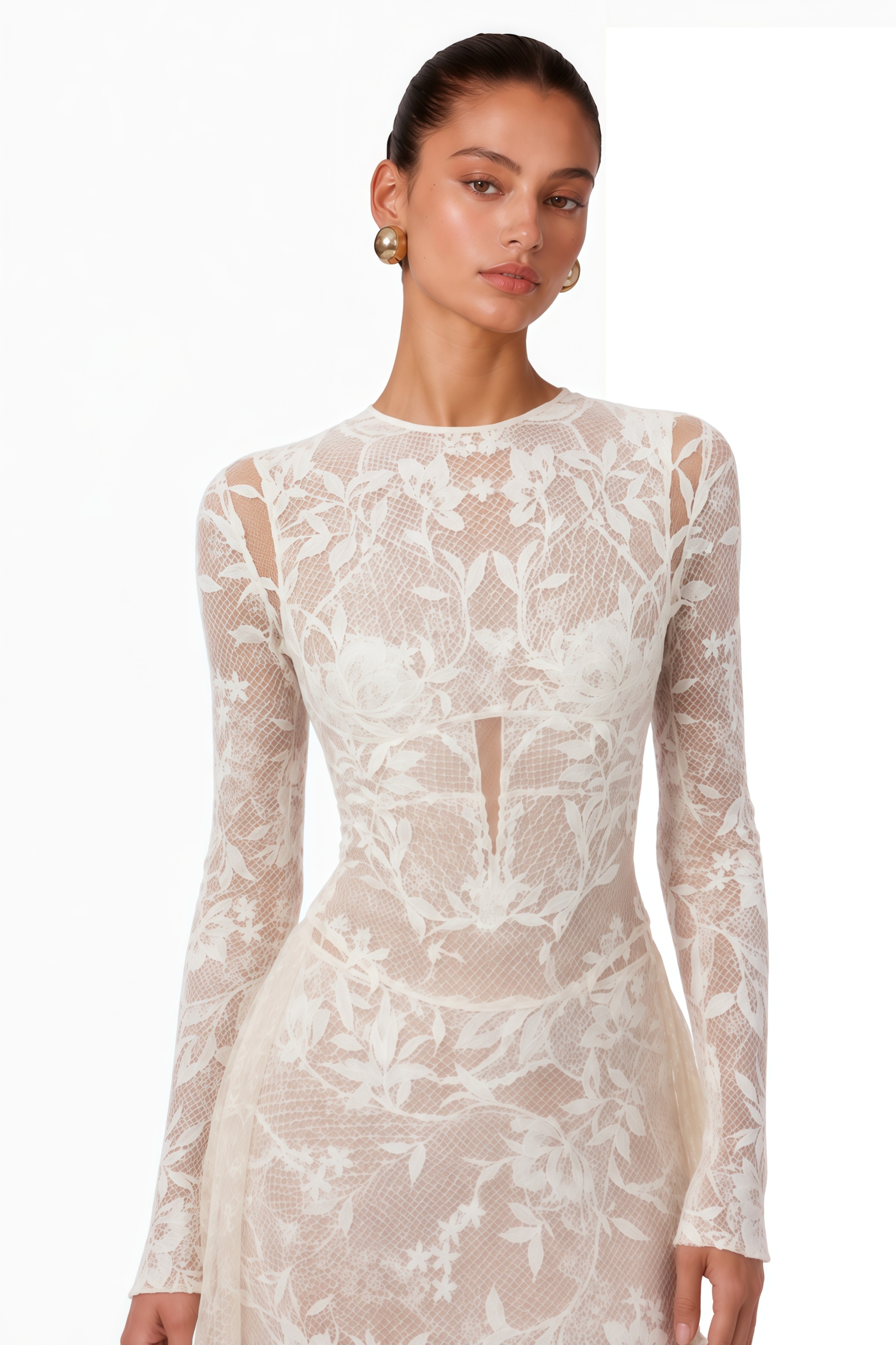 Amber White Long Sleeve Floral Lace Midi Dress