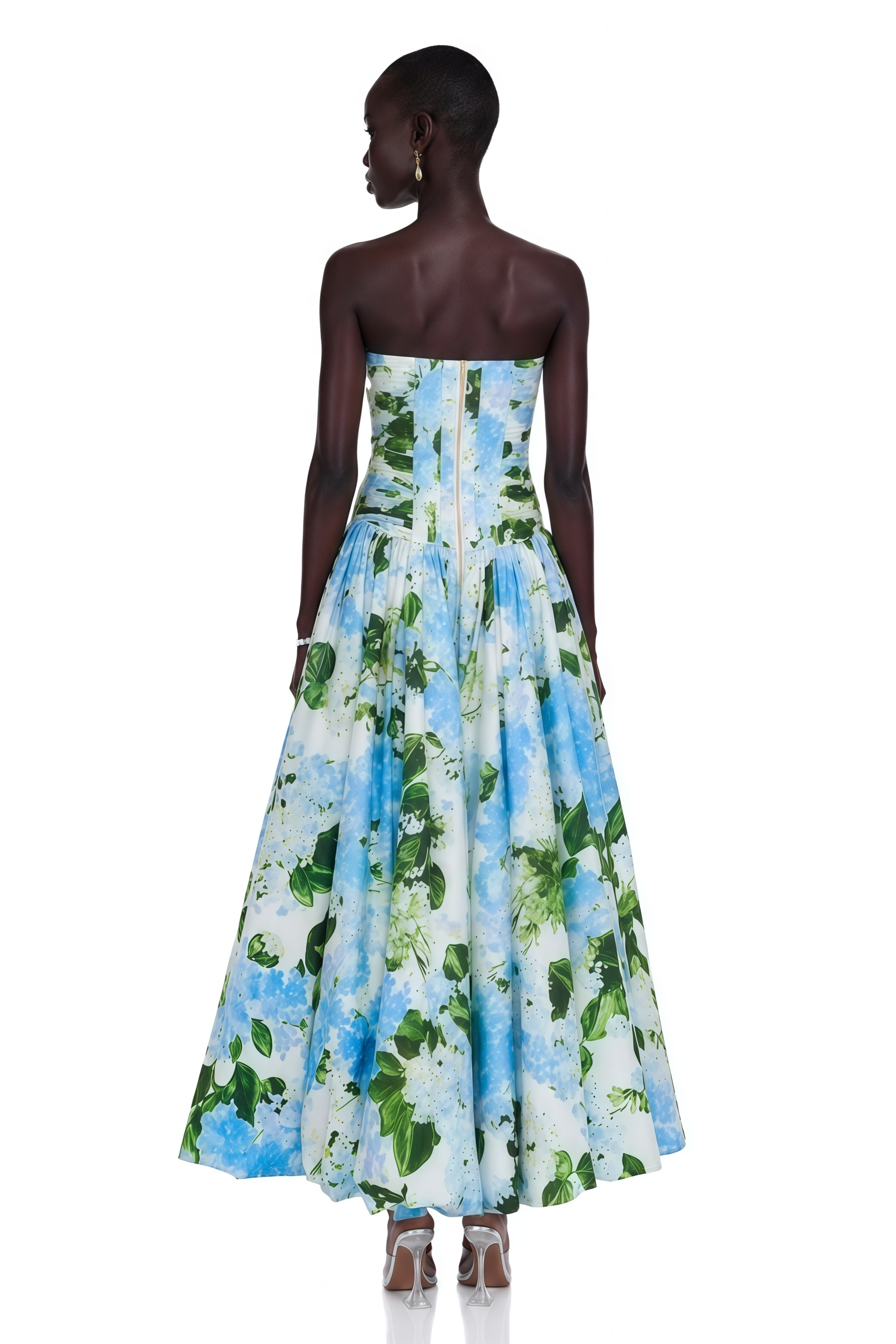 Parastoo Blue Hydrangea Floral Print Pleated Maxi Dress