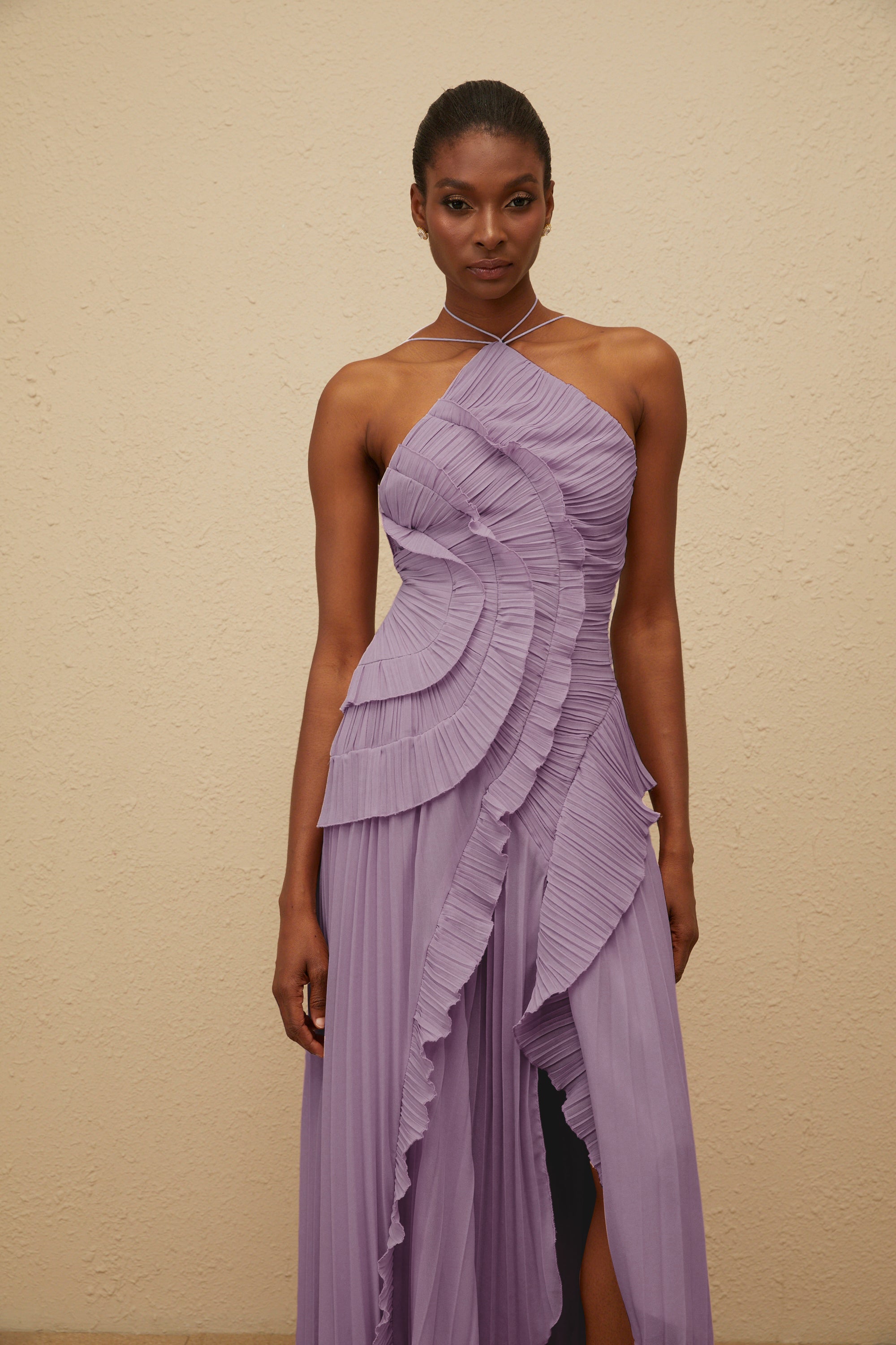 Lavender Ruffled Pleated Midi Dress
