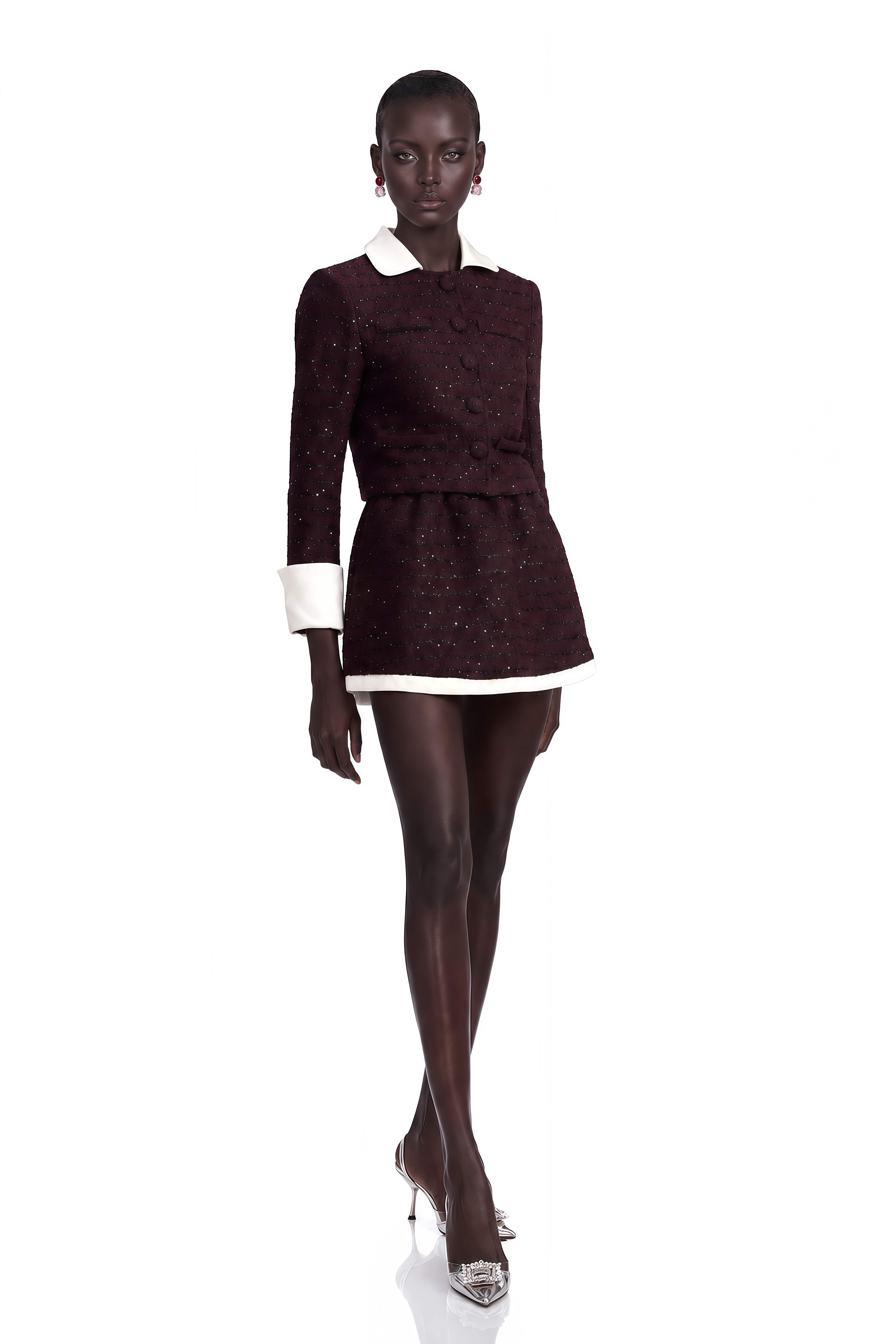 Purple tweed jacket and mini skirt set