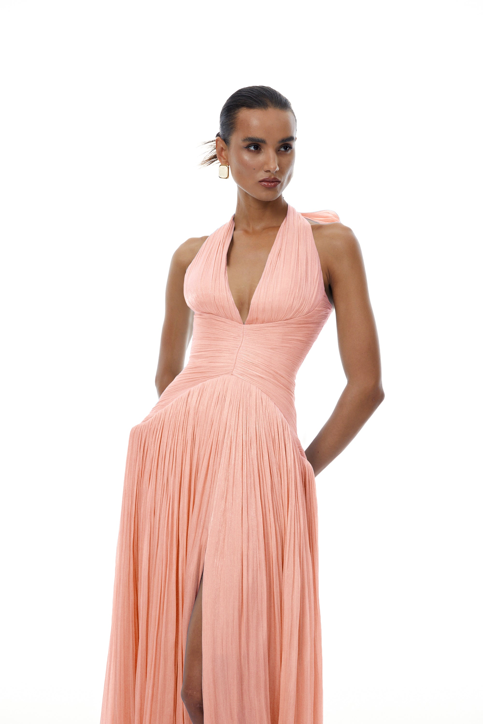 Pink Glossy Gathered Maxi Dress